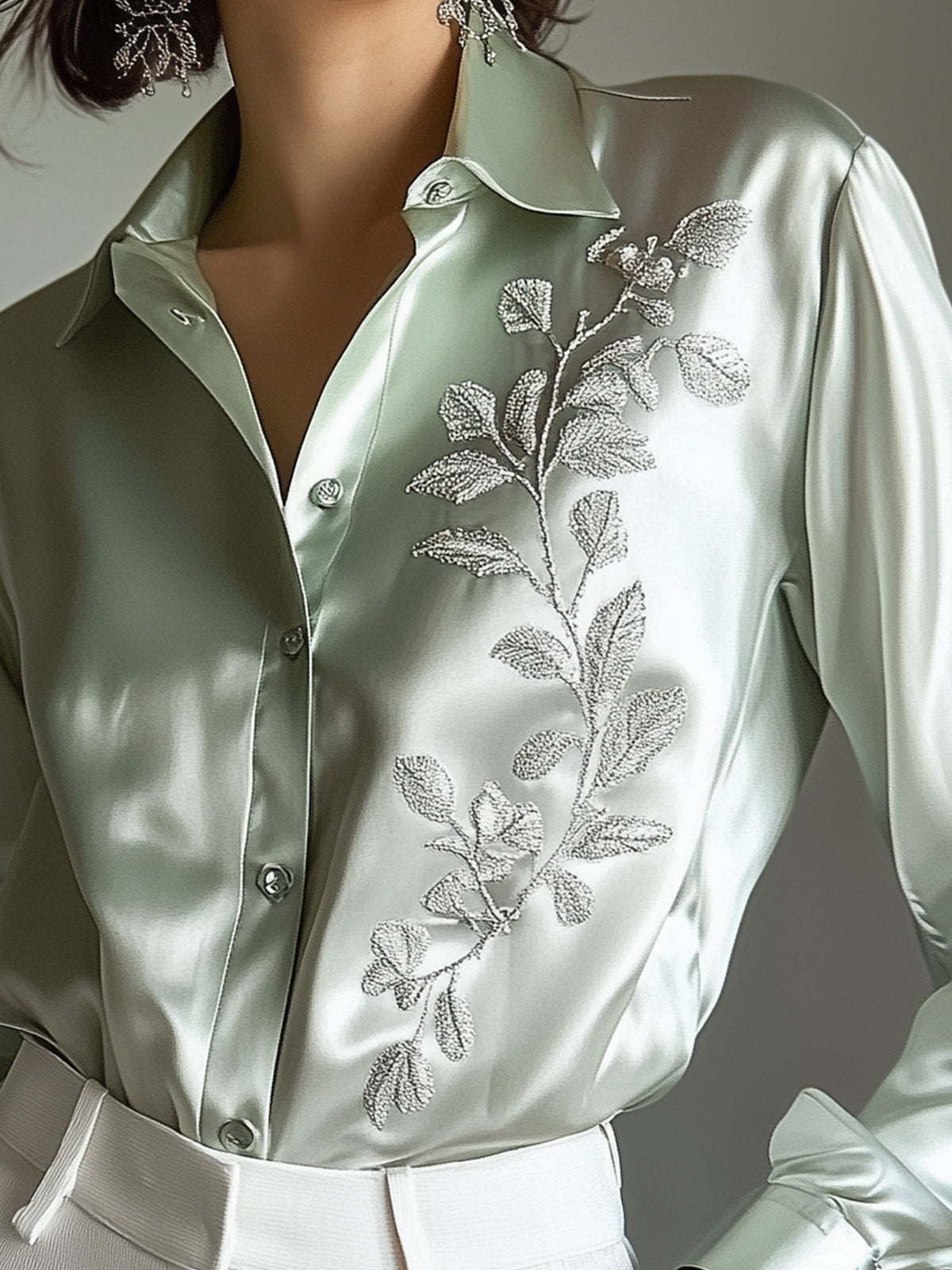 Green Satin Shirt With Silver Leaf Embroidery