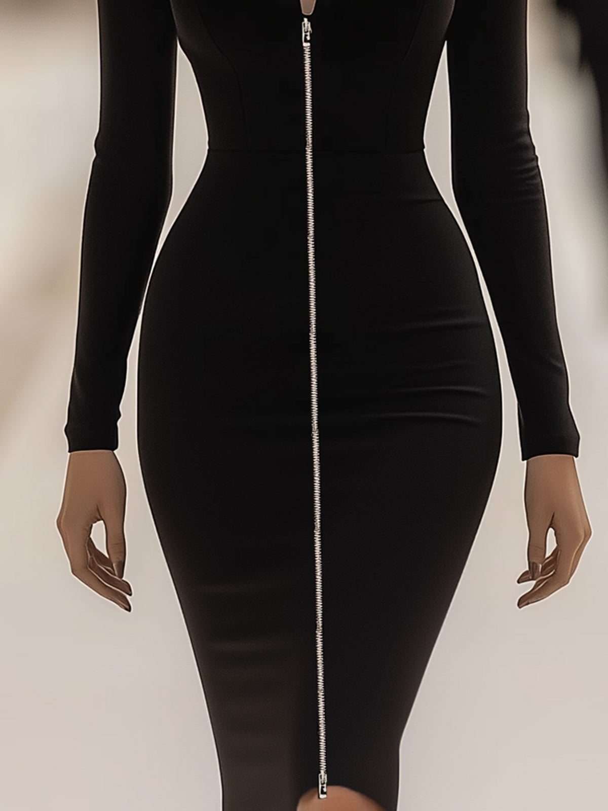 V-Neck Long-Sleeve Black Bodycon Dress With Zipper Design