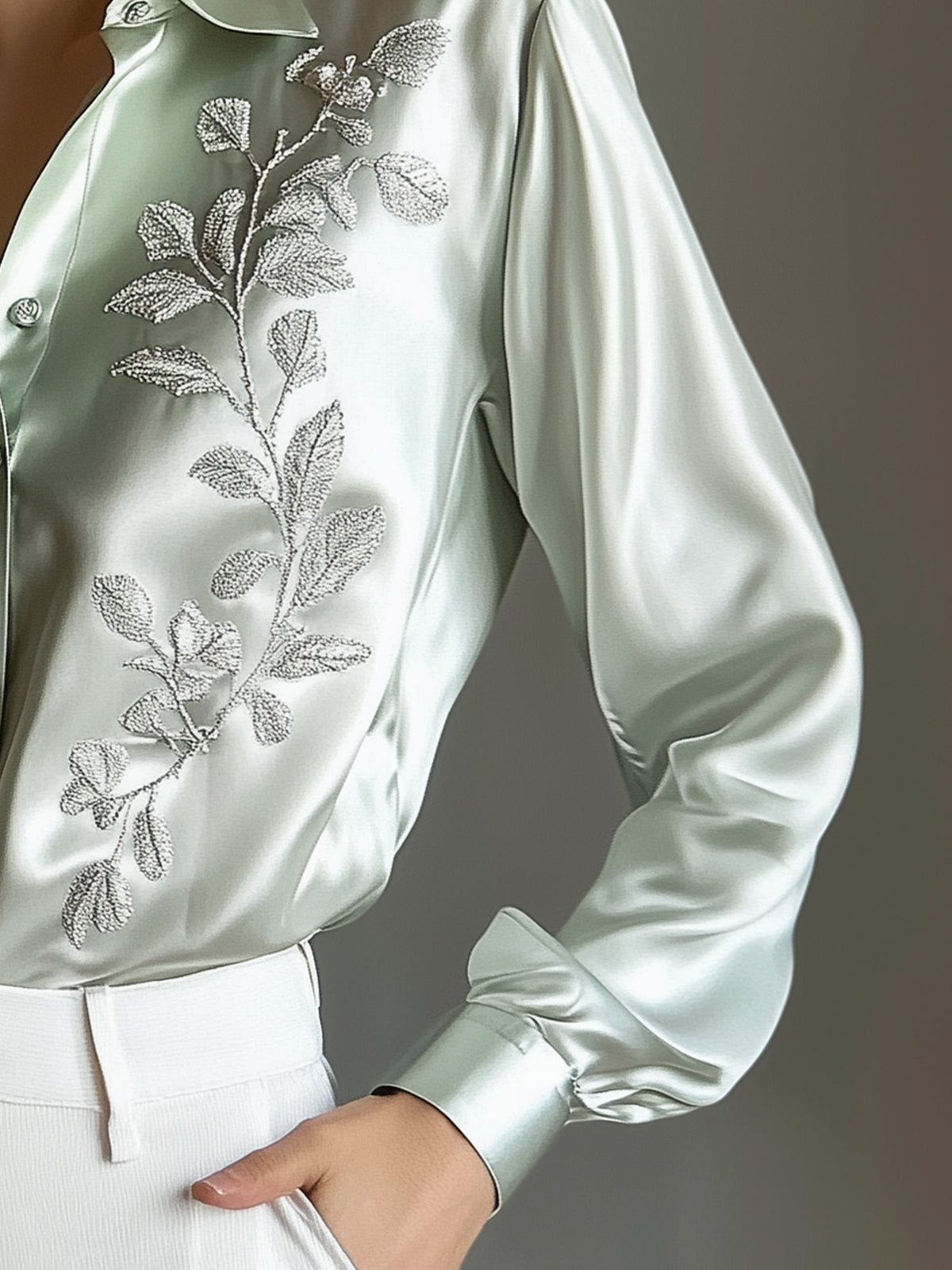 Green Satin Shirt With Silver Leaf Embroidery