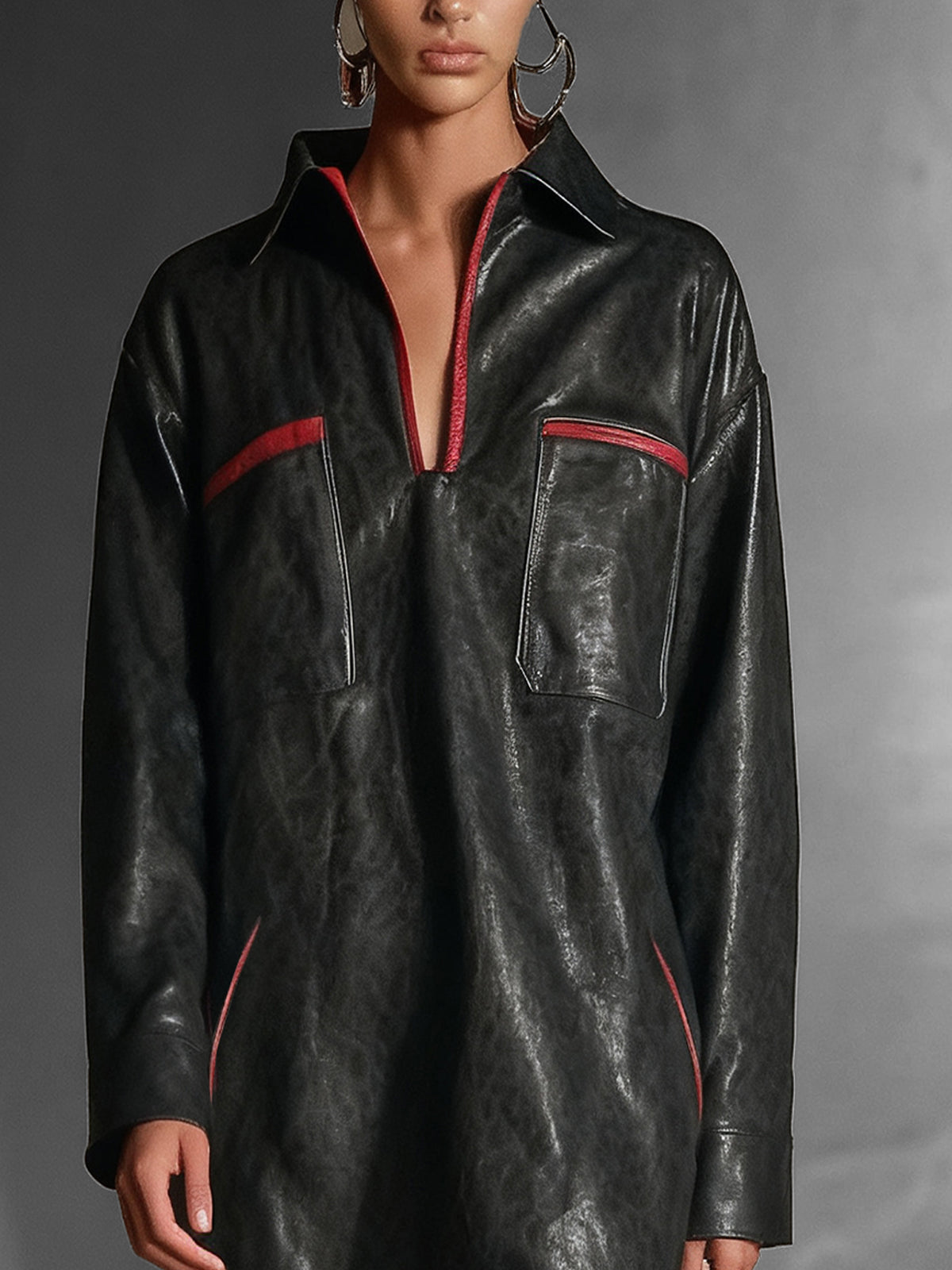 Black Faux Leather Dress With Red Accents