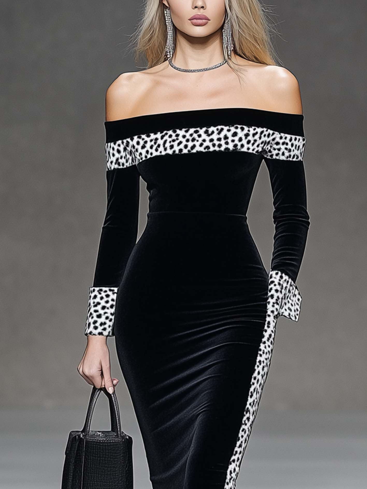 Black Velvet Midi Bodycon Dress With White And Leopard Print Trim