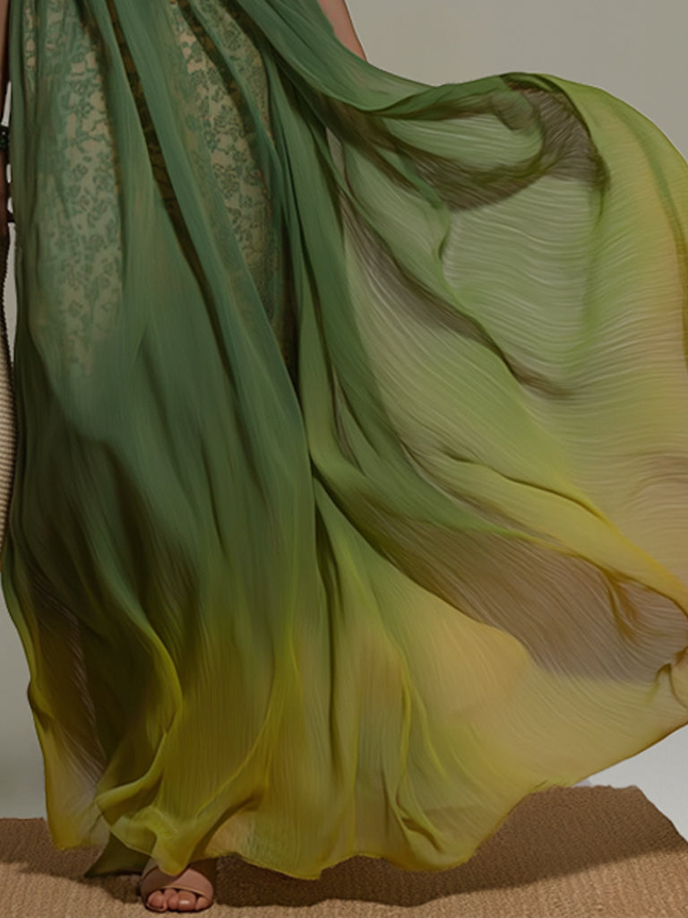 Emerald Gradient One Shoulder Chiffon Maxi Dress