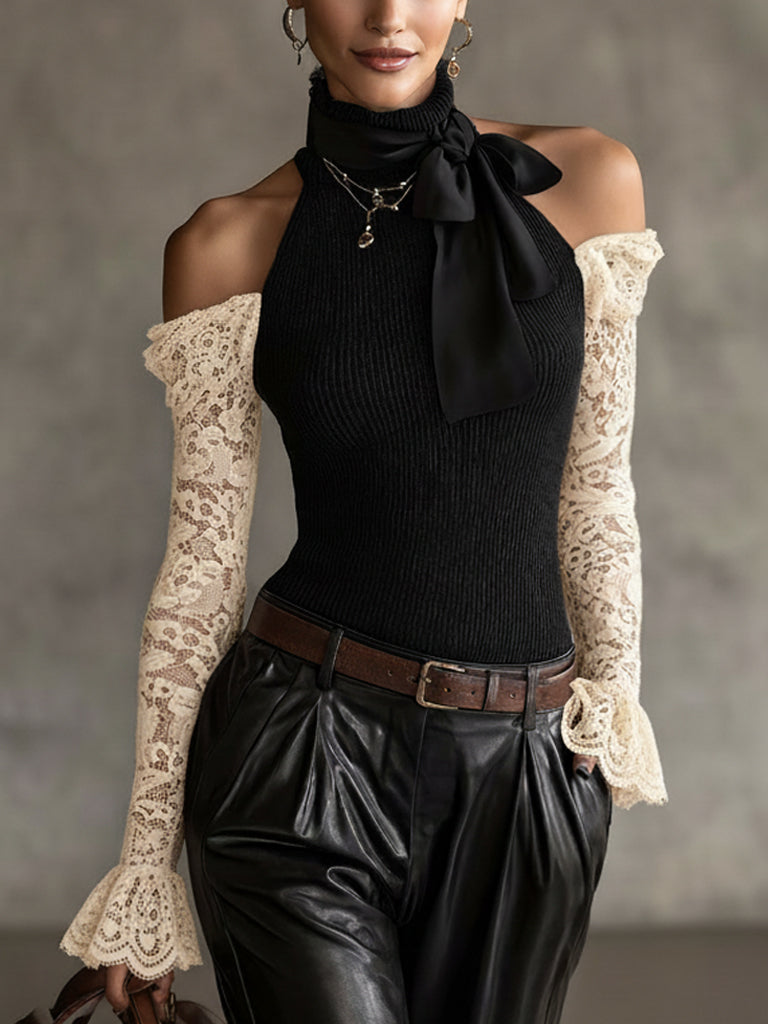 Black Knit Off Shoulder Top With White Lace Sleeves
