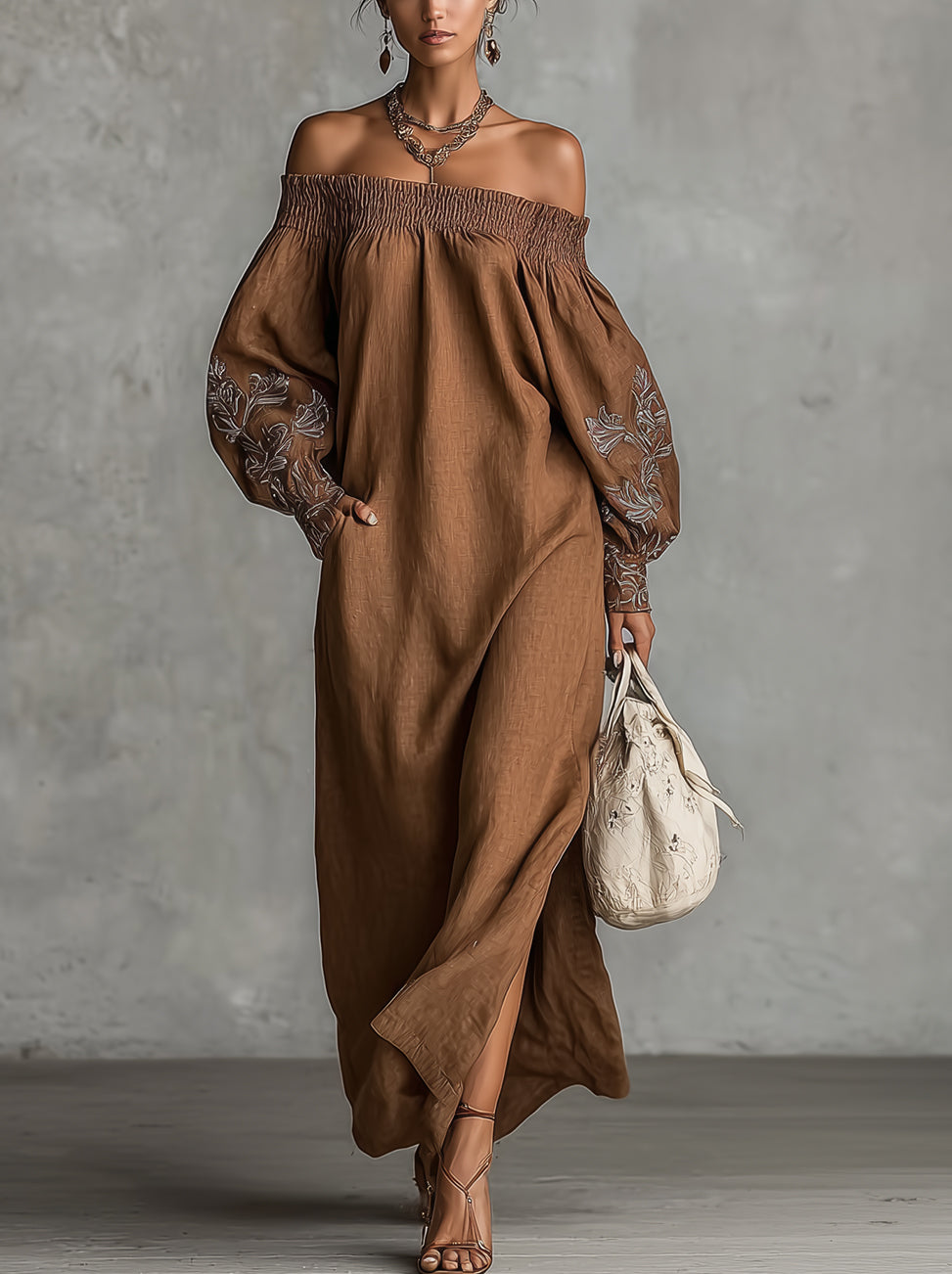 Brown Off-Shoulder Embroidered Long Sleeve Linen Maxi Dress