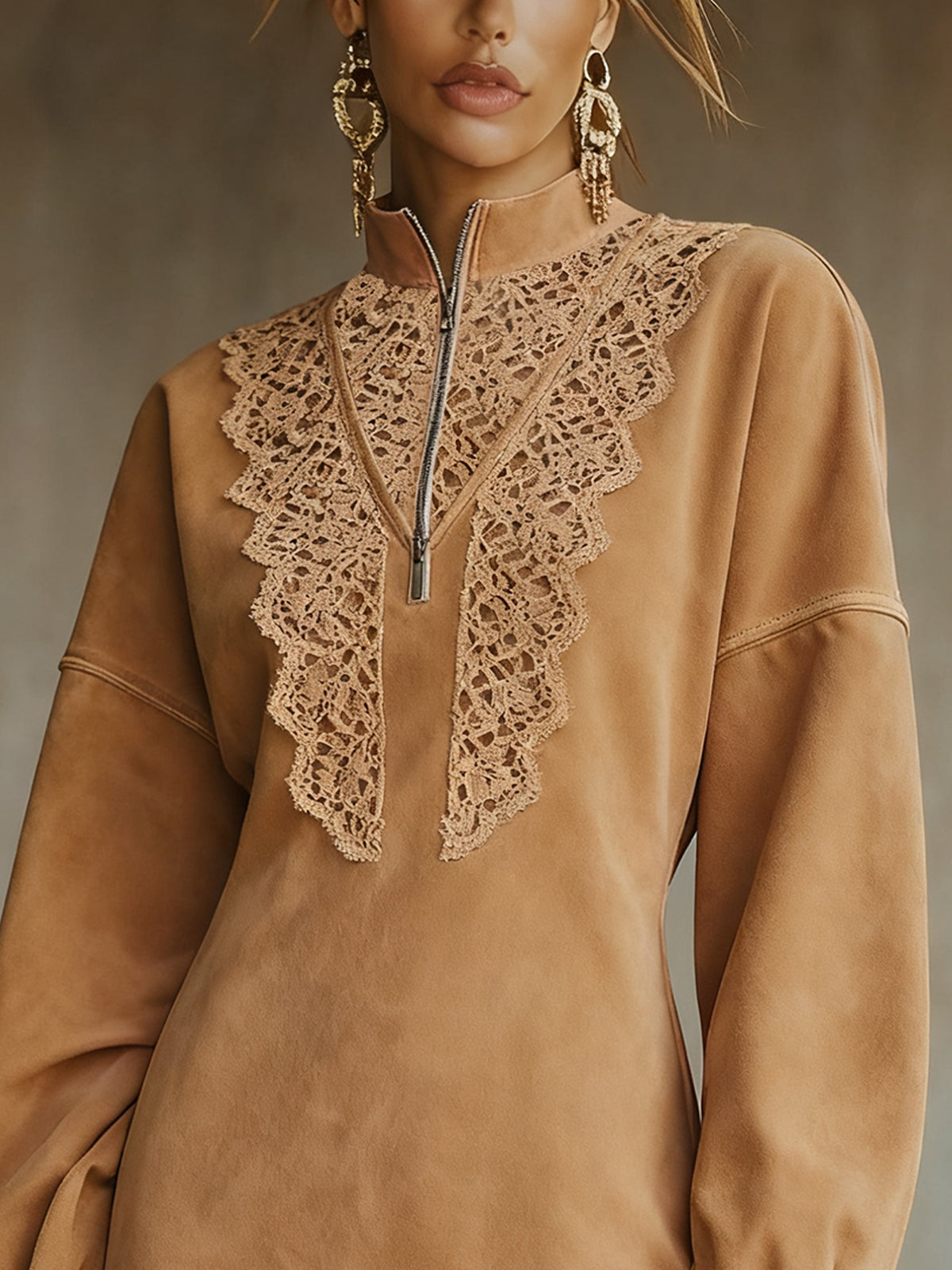 Camel Faux Suede Zip-Front Mini Dress With Crochet Detail