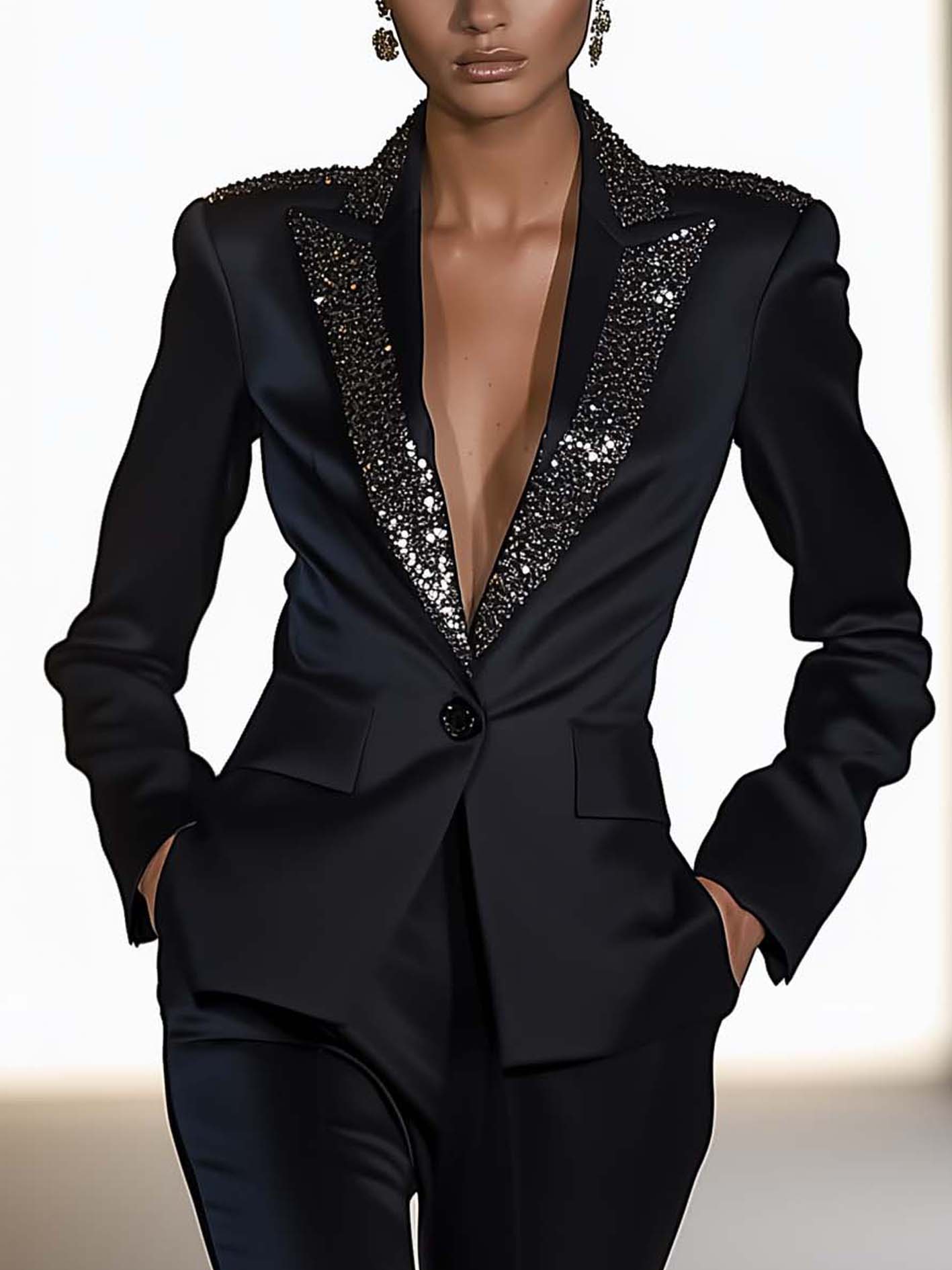 Black Satin Blazer With Sequined Ribbon