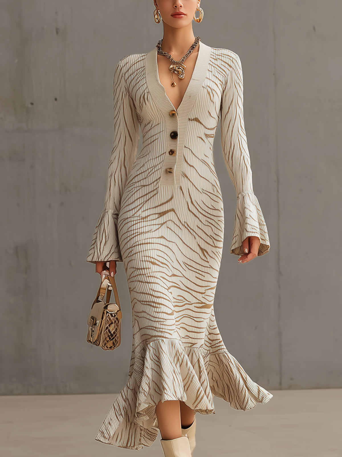 Beige Zebra Print Ribbed Knit Ruffled Hem Midi Dress