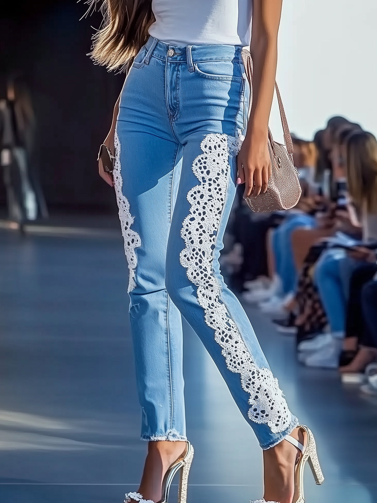 Blue Jeans With Lace Panel Design