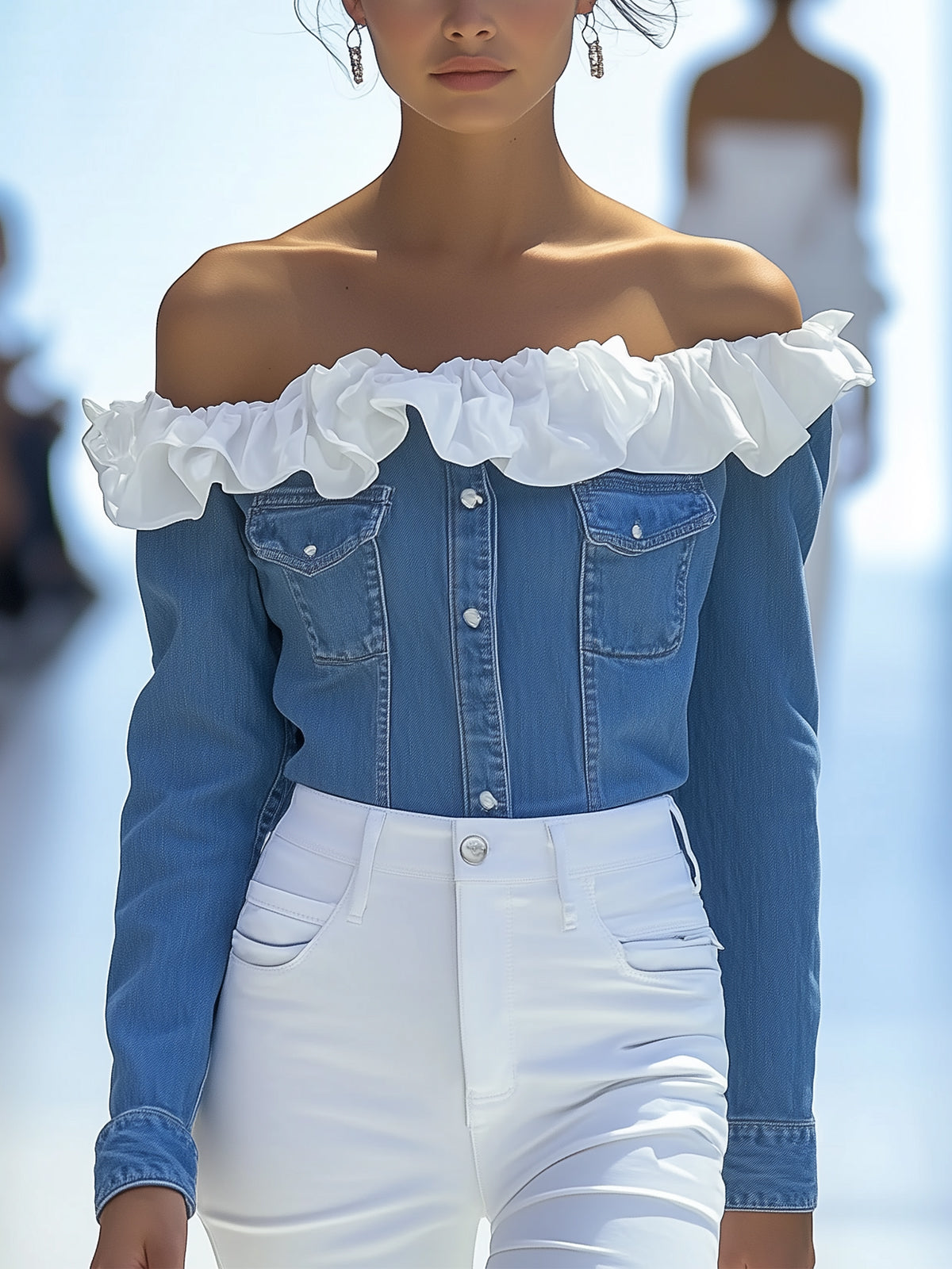 White Chiffon Ruffle Off-Shoulder Denim Shirt