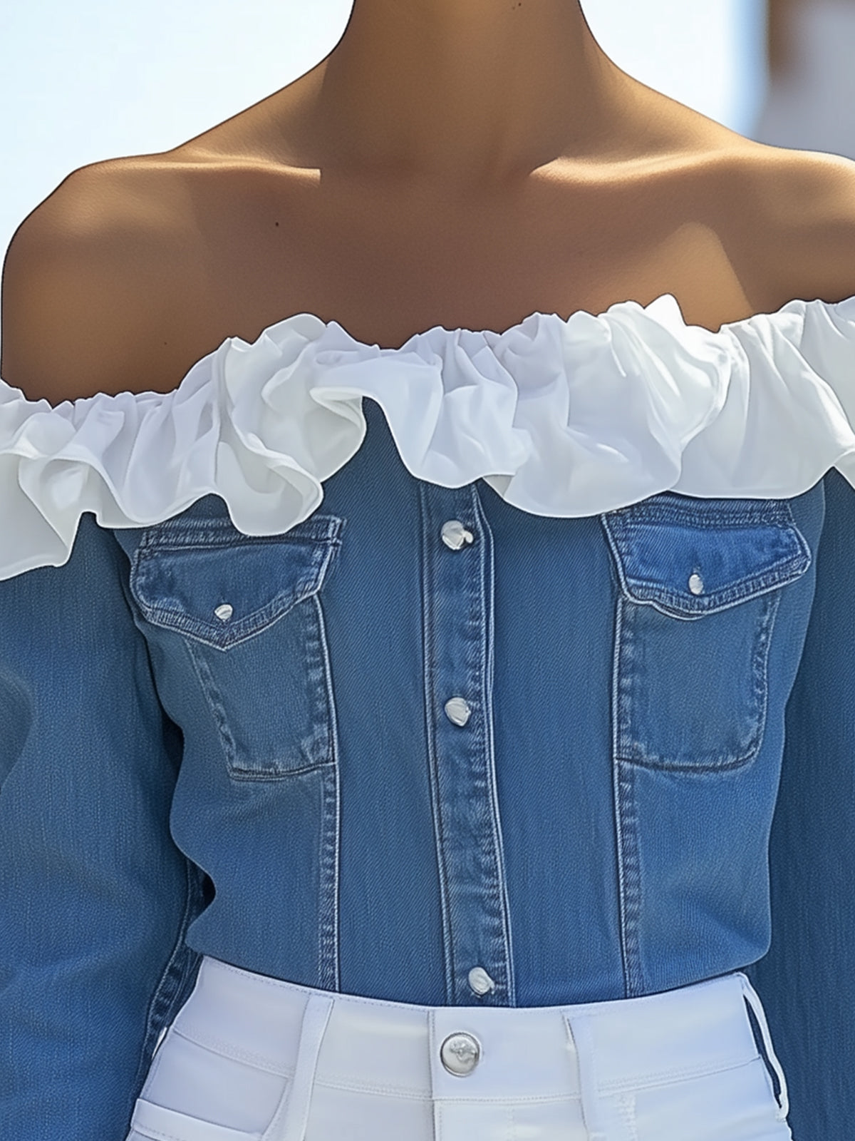 White Chiffon Ruffle Off-Shoulder Denim Shirt