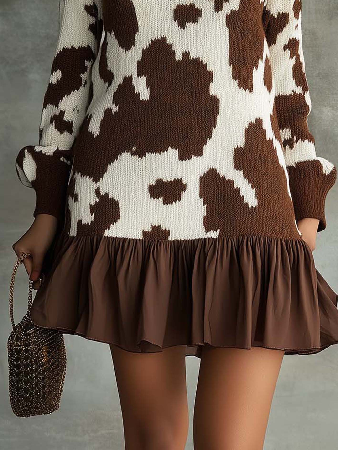 Brown Cow-print Knitted Mini Dress With Ruffles