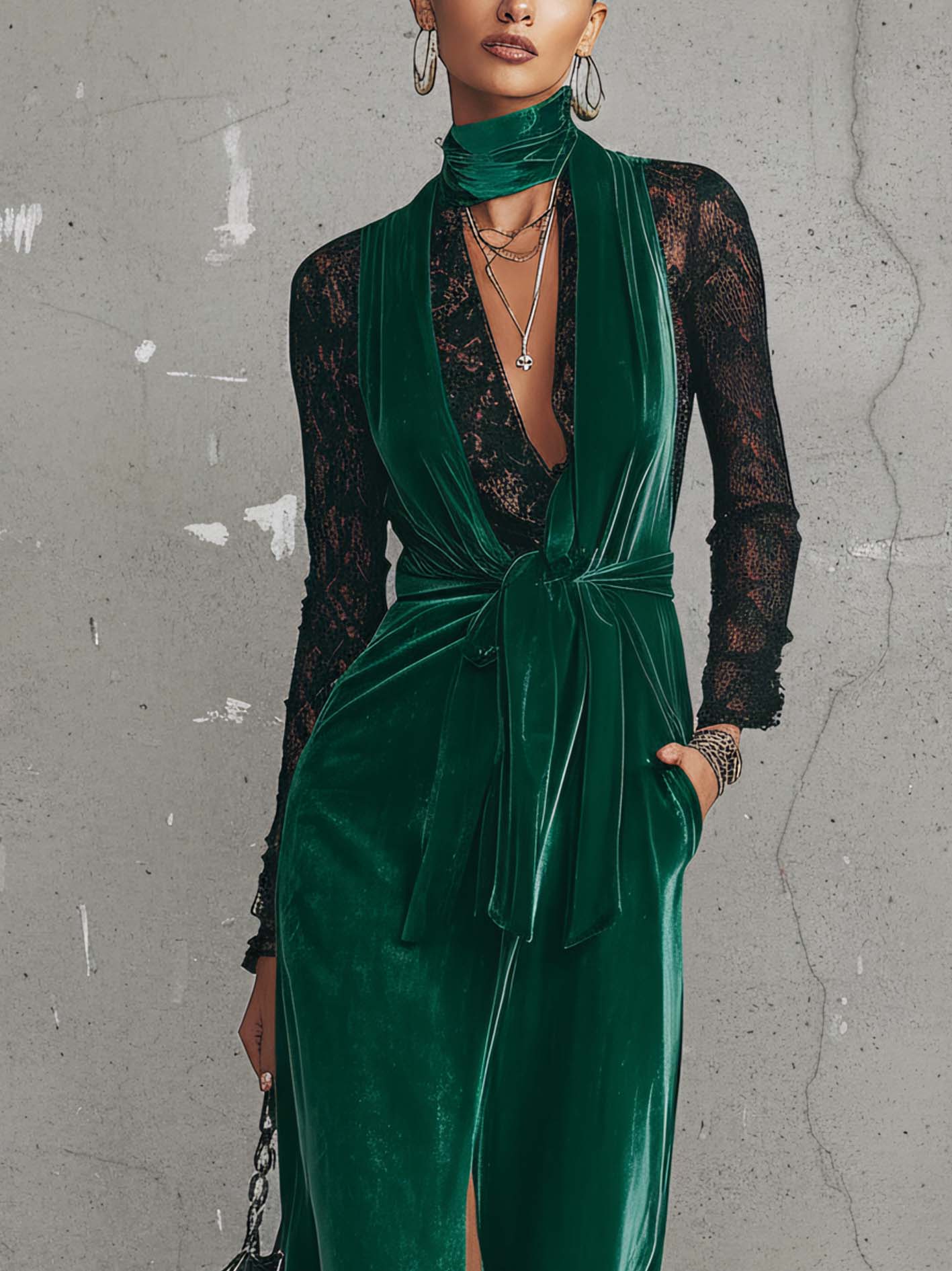 Emerald Green Velvet Lace Patchwork Maxi Dress With Front Slit