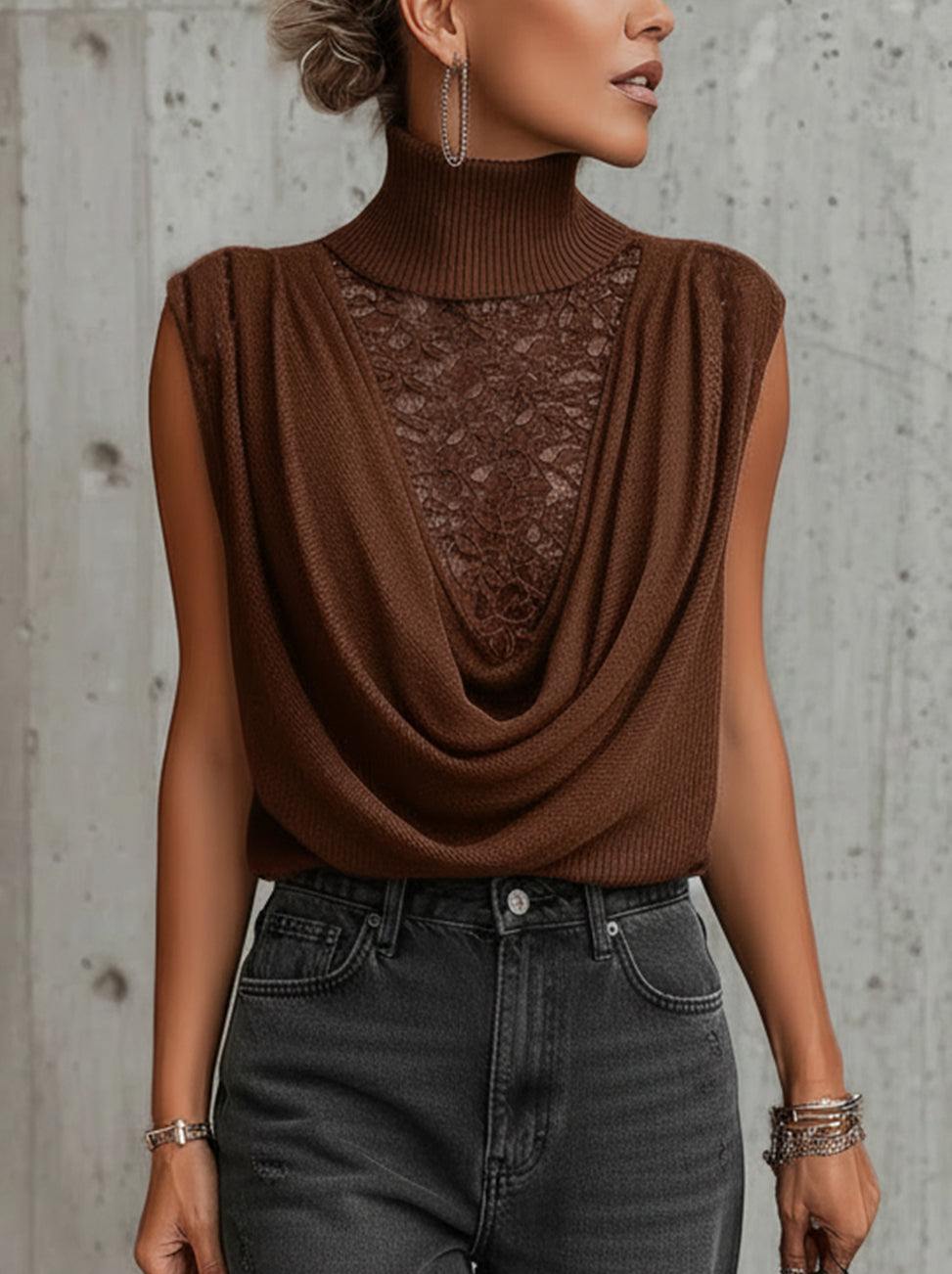 Brown Sleeveless Cowl Neck Lace Panel Sweater