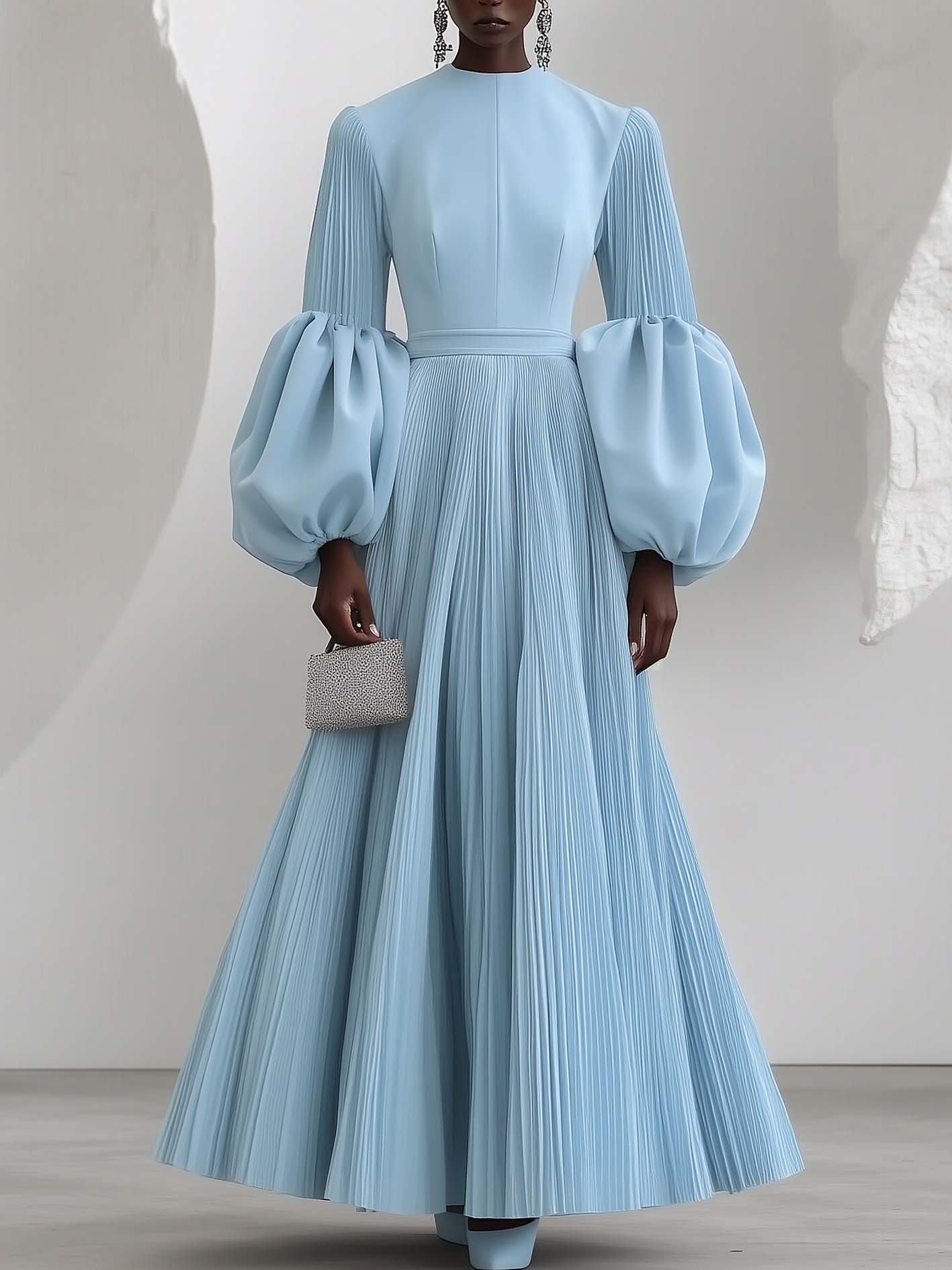 Blue Maxi Dress With Balloon Sleeves And Pleats