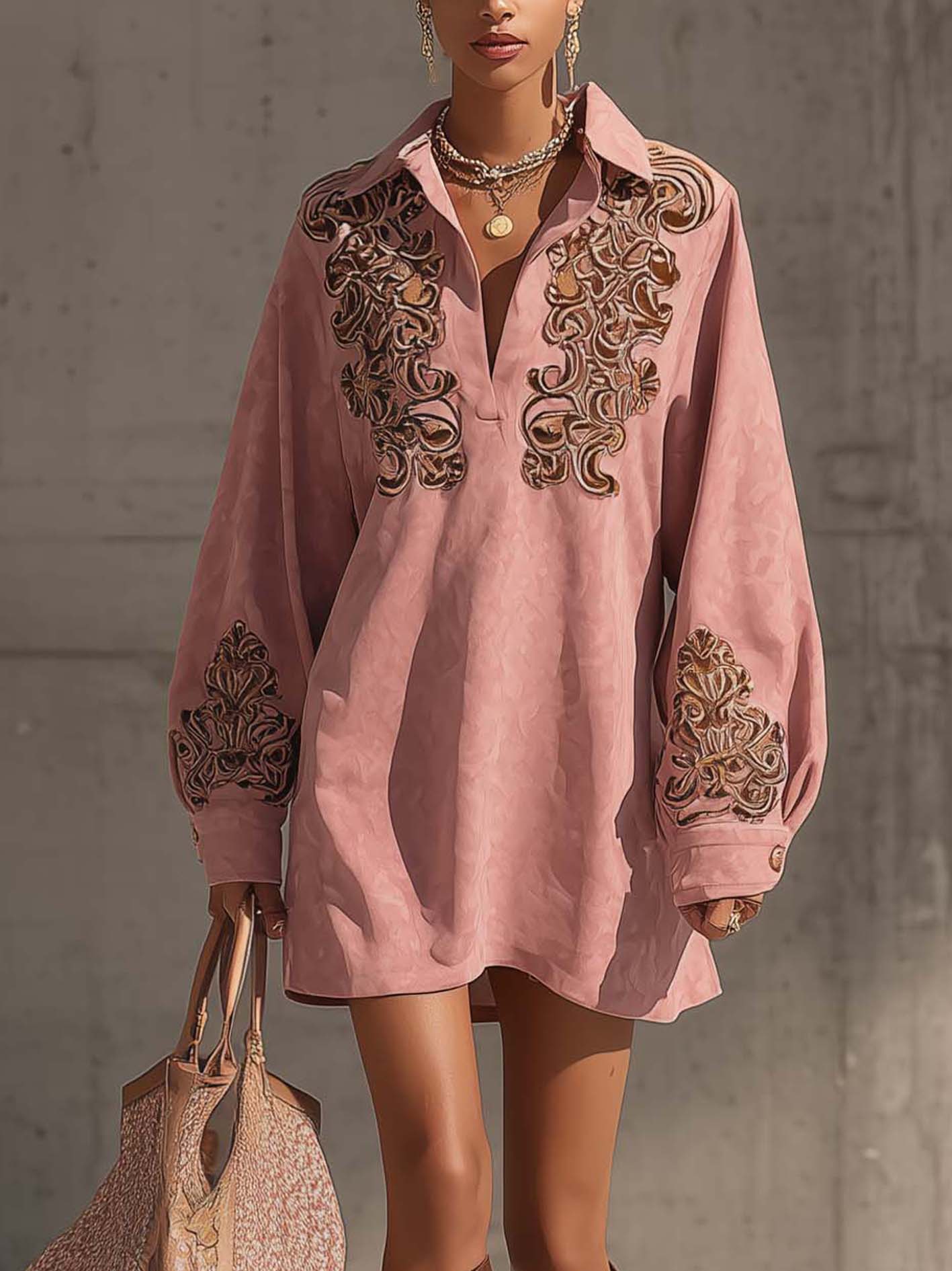 Pink Faux Suede Mini Dress With Vintage Embroidery