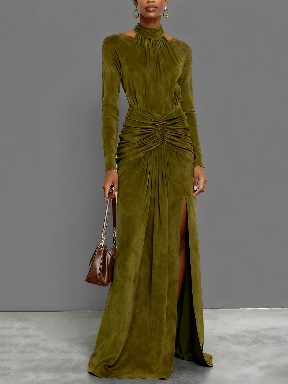 Olive Green Gathered Faux Suede Maxi Dress With High Neck And Slit