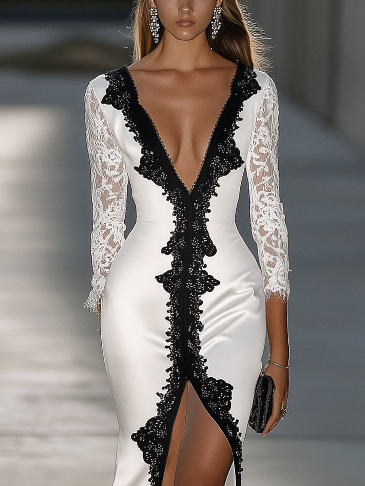 White Satin Black Appliqué Deep V-Neck Lace Sleeve Long Sleeve Maxi Dress