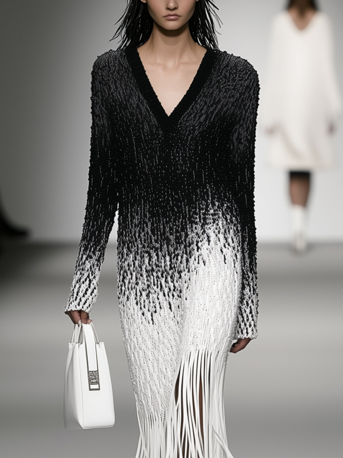Black And White Gradient Fringe Knit Dress
