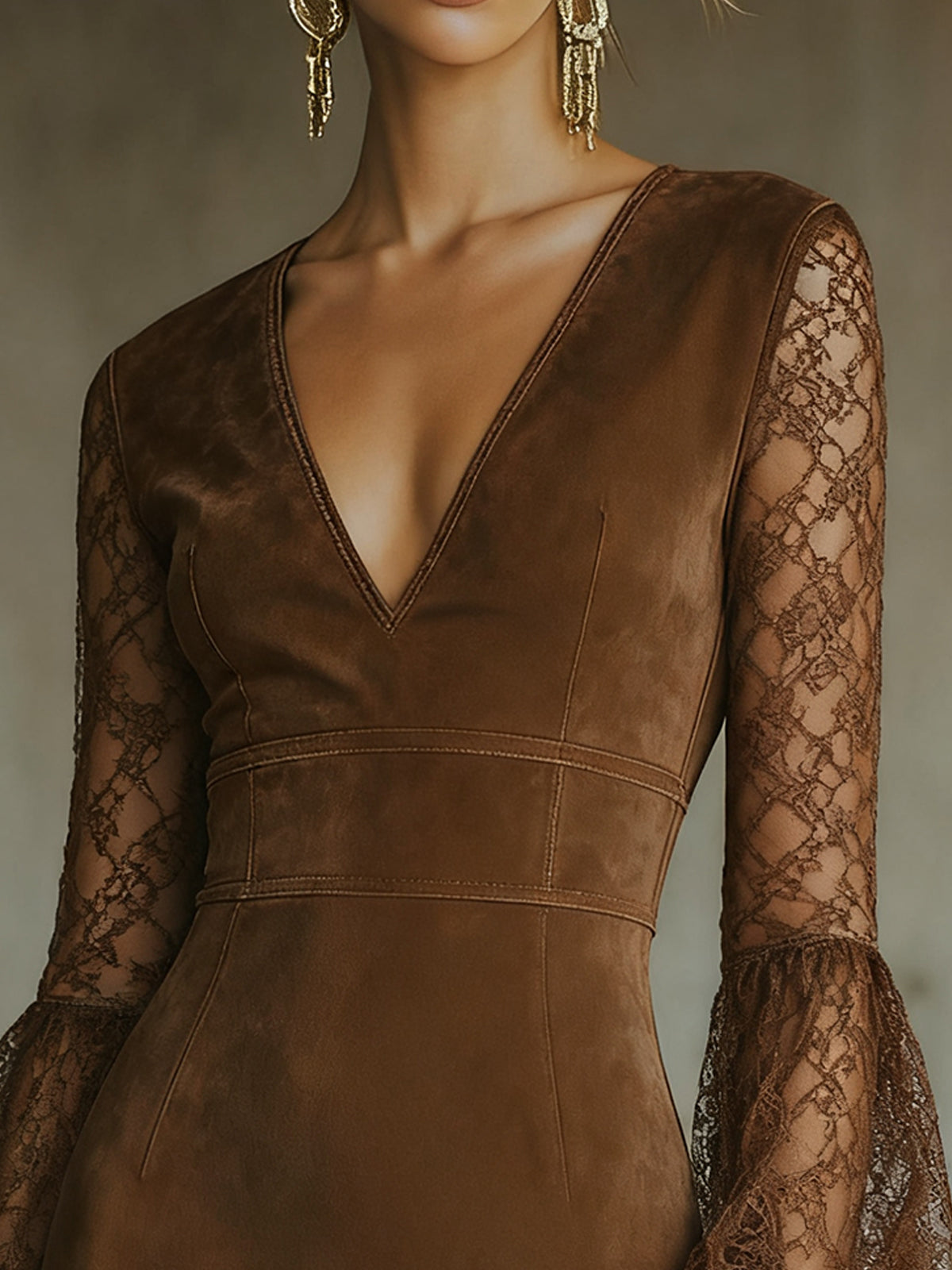 Brown Faux Suede Mini Dress With Lace Sleeves And Fringed Hem