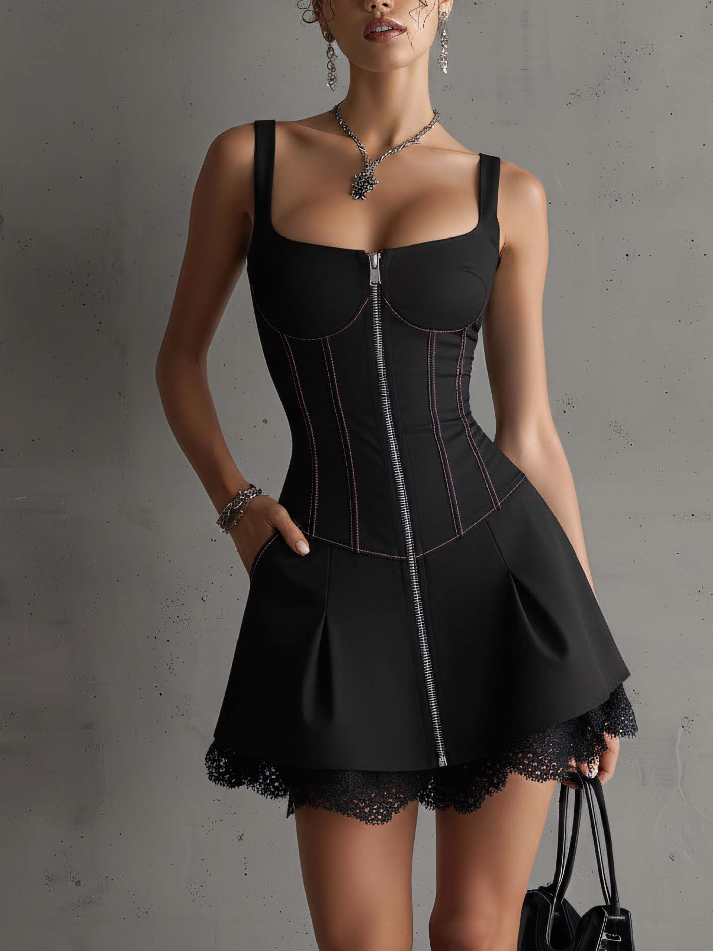 Black Sleeveless Lace Trim Zipper Bodycon Mini Dress