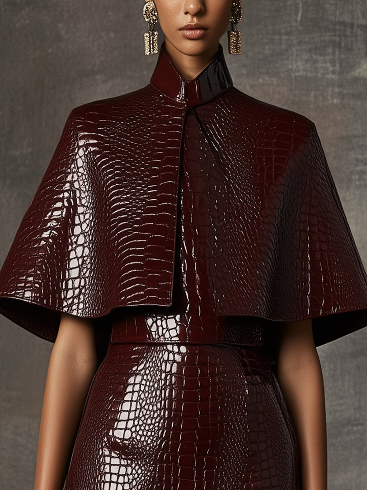 Burgundy Croc-Embossed Faux Leather Cape Dress