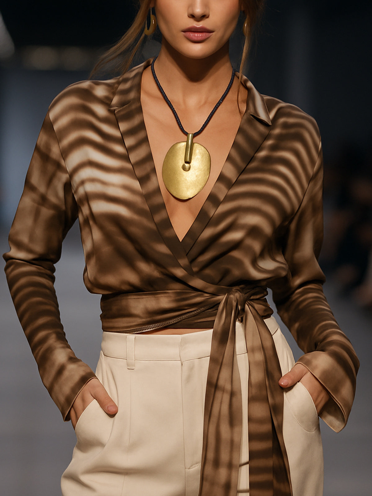 Brown Tie Waist Wrap Blouse With Abstract Pattern