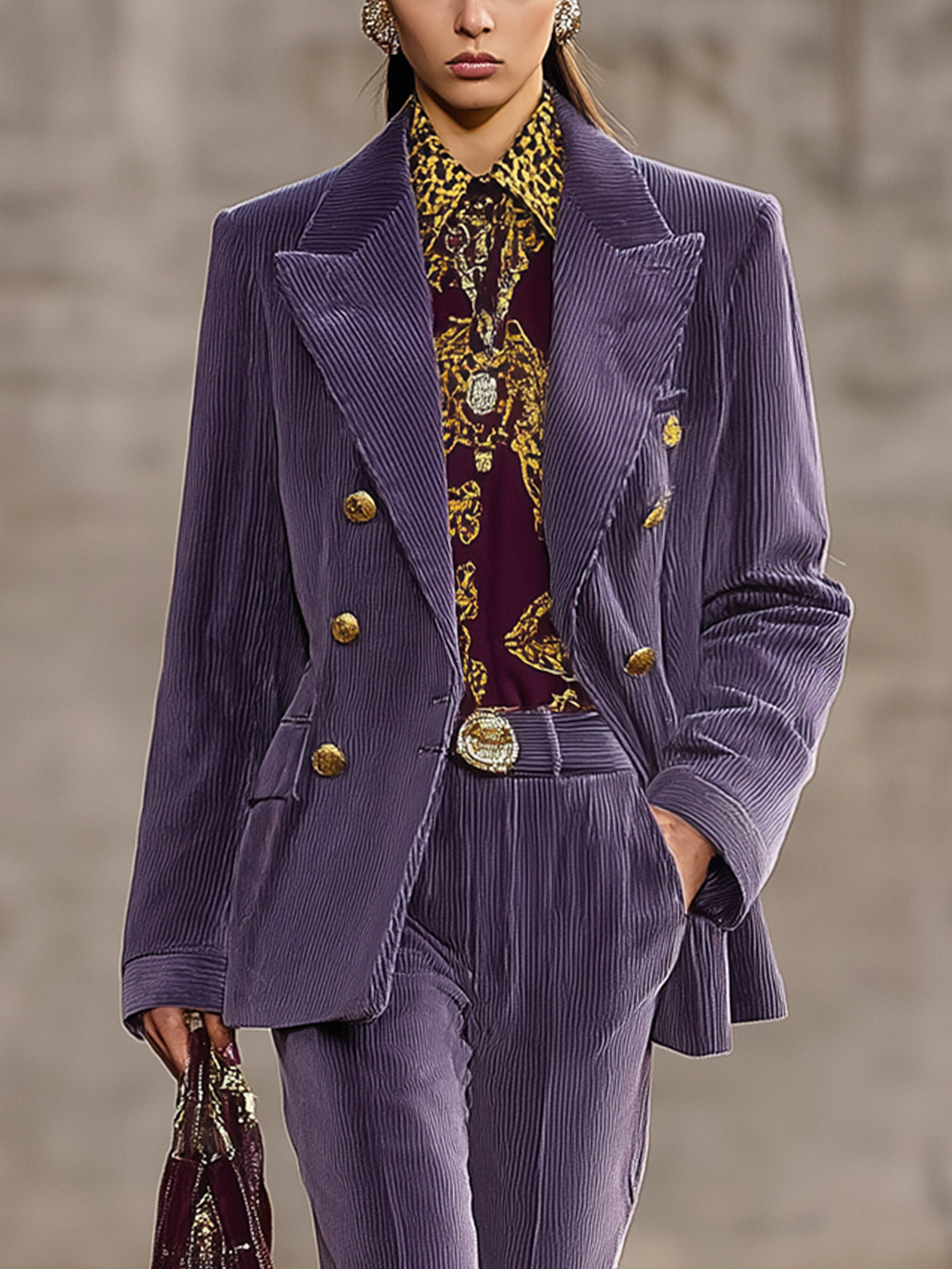 Lavender Corduroy Double Breasted Blazer With Gold Accents