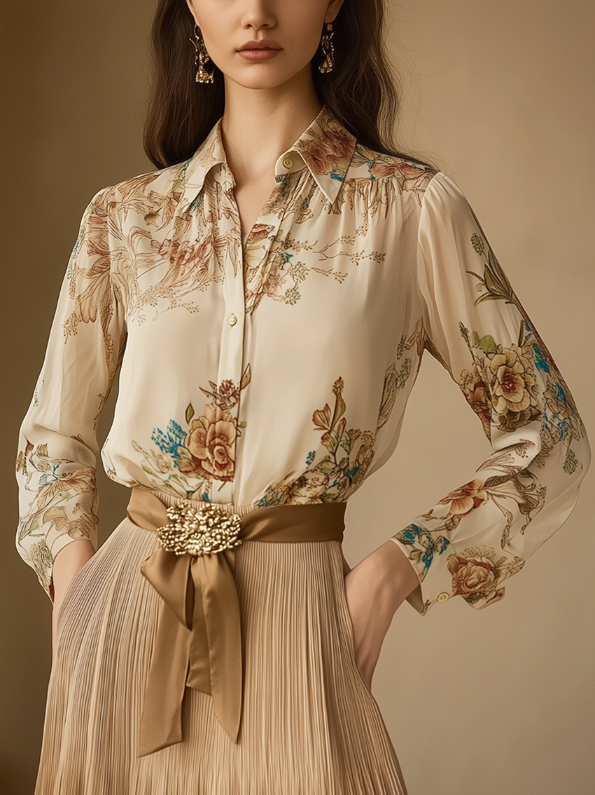 Beige Chiffon Blouse With Mysterious Elegant Flower Print