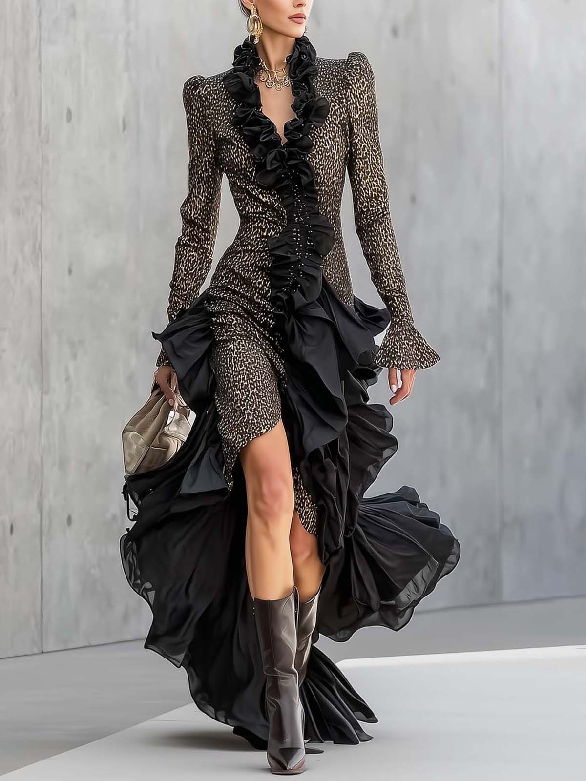 Black Faux Suede Maxi Dress With Ruffled Leopard Print And An Asymmetrical Hem