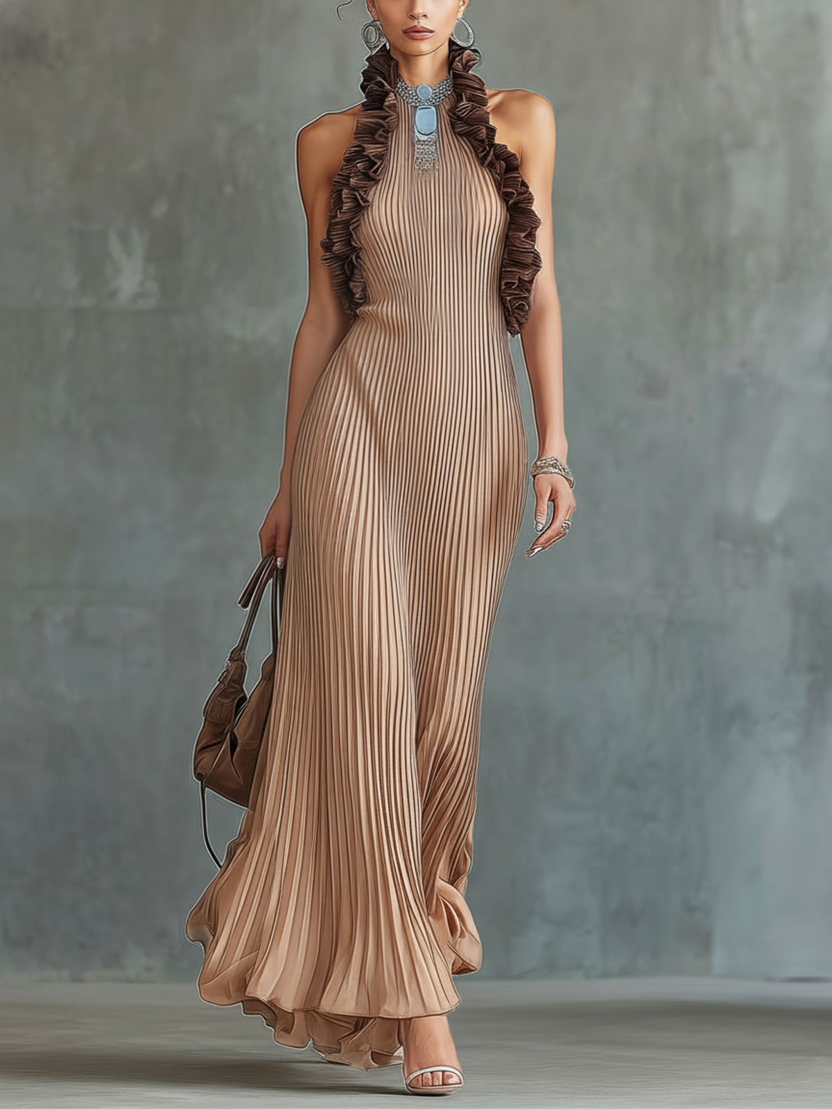 Champagne-colored Chiffon Halter Neck Ruffled Maxi Dress