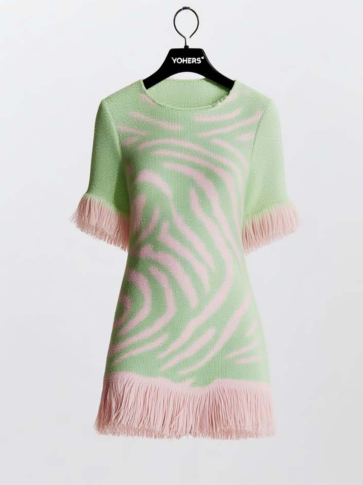 Light Green Knitted Mini Dress With Pink Zebra Print And Tassels