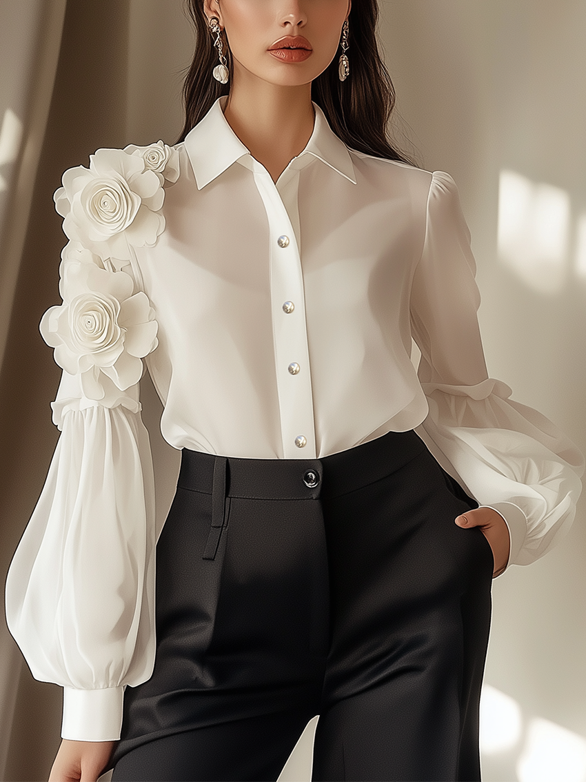 White Chiffon Blouse With 3D Flower Decoration On Sleeves