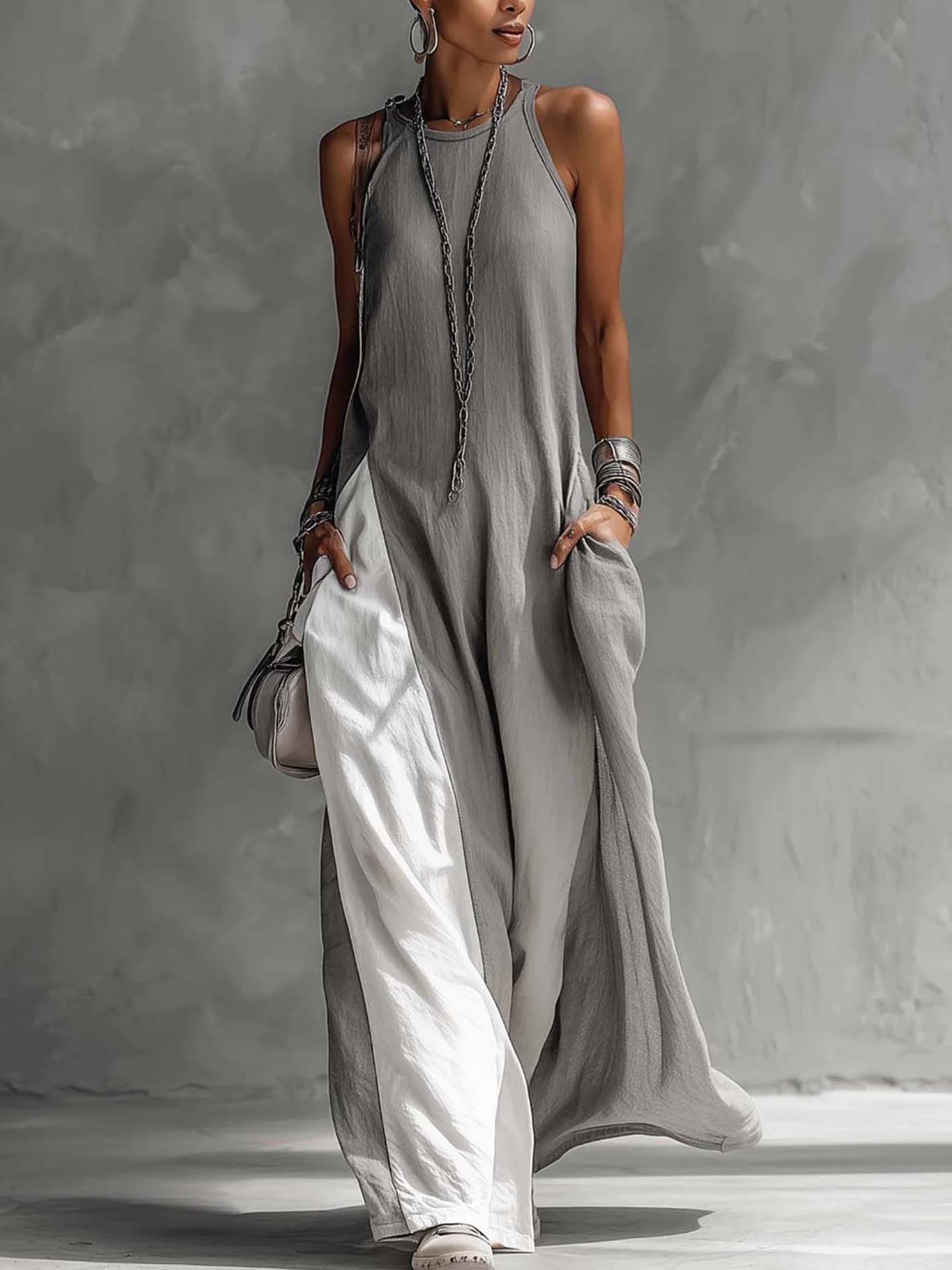 Color Block Gray Sleeveless Cotton Linen Maxi Dress