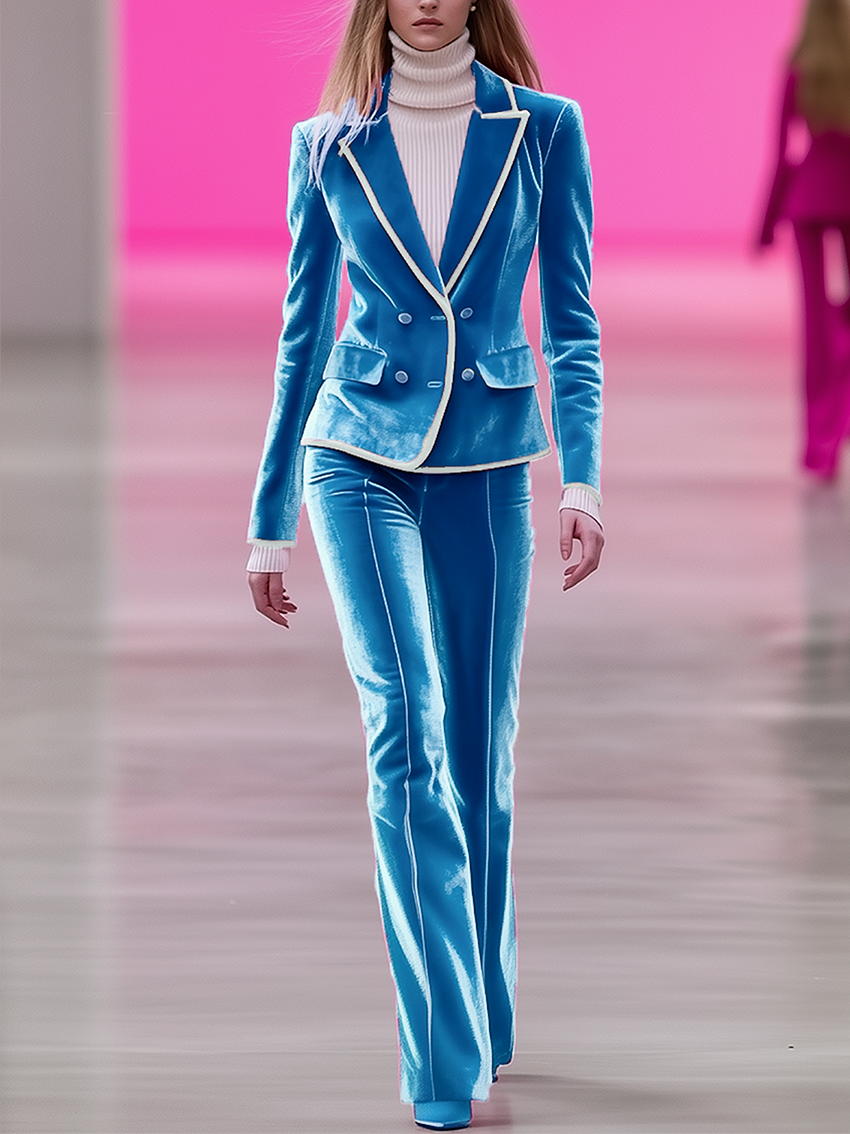 Sky Blue Velvet Suit With White Trim