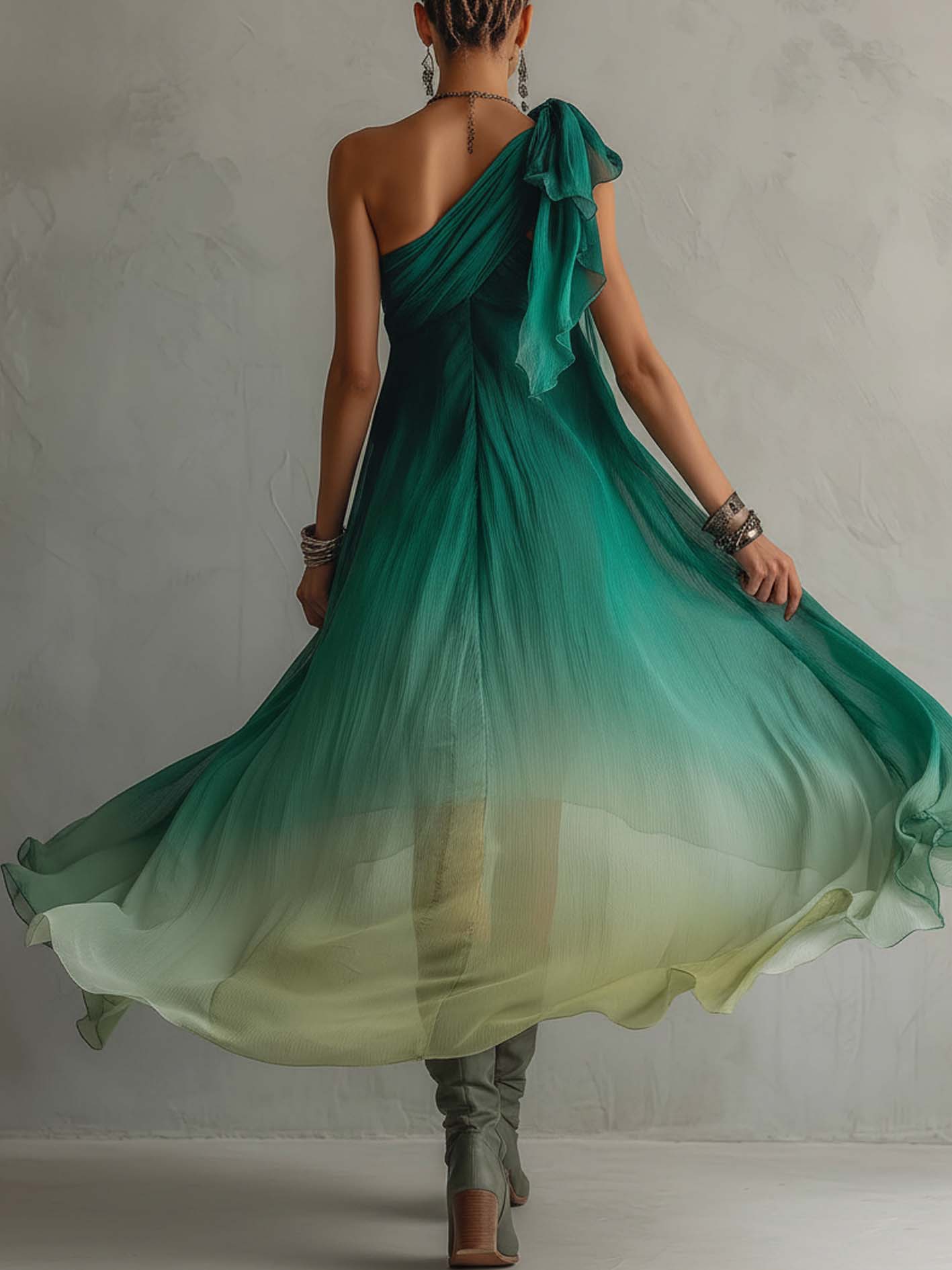 One Shoulder Ombre Green Chiffon Maxi Dress
