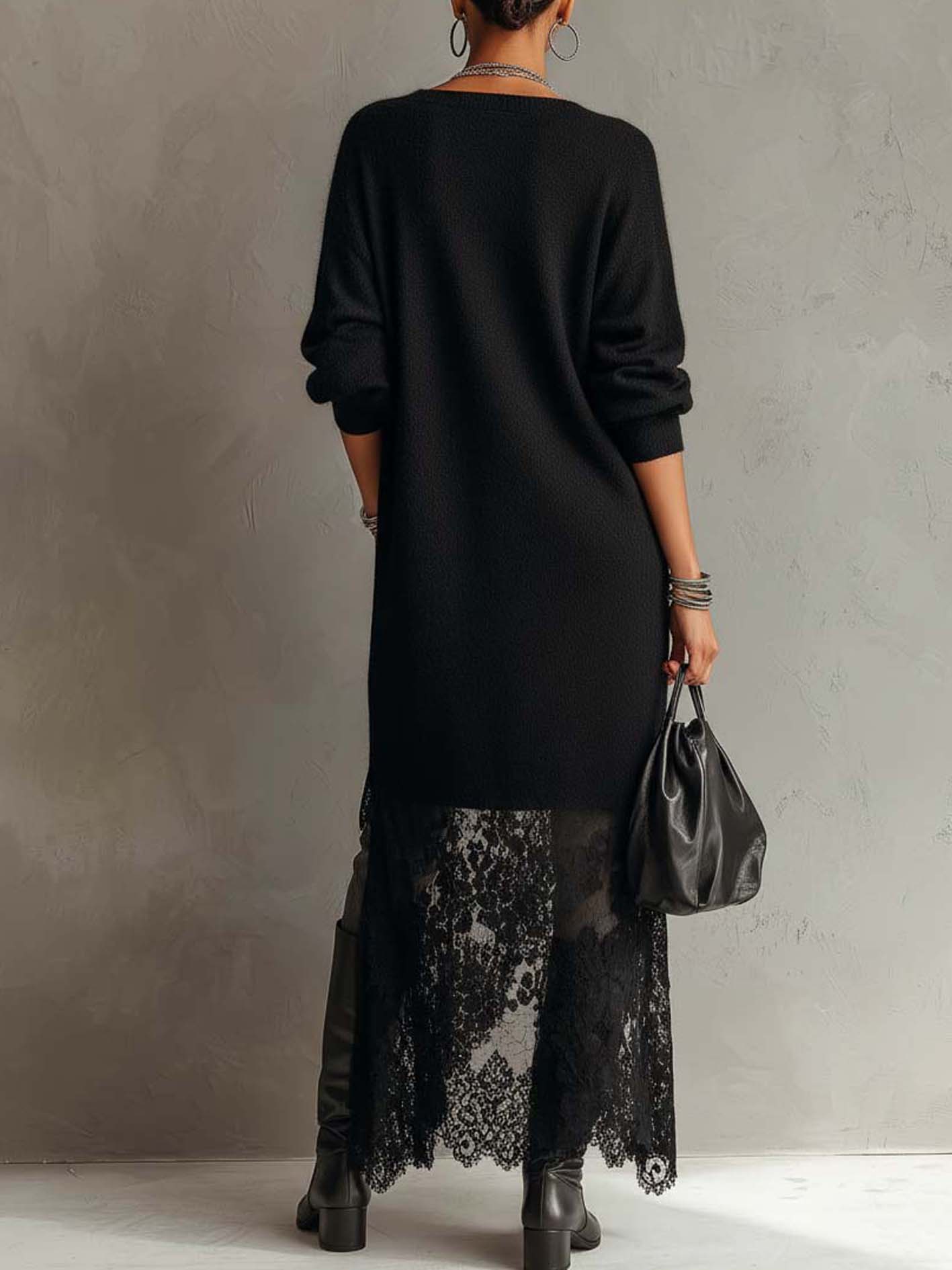 Black Loose Fit Mohair Knit Midi Dress With Lace Hem