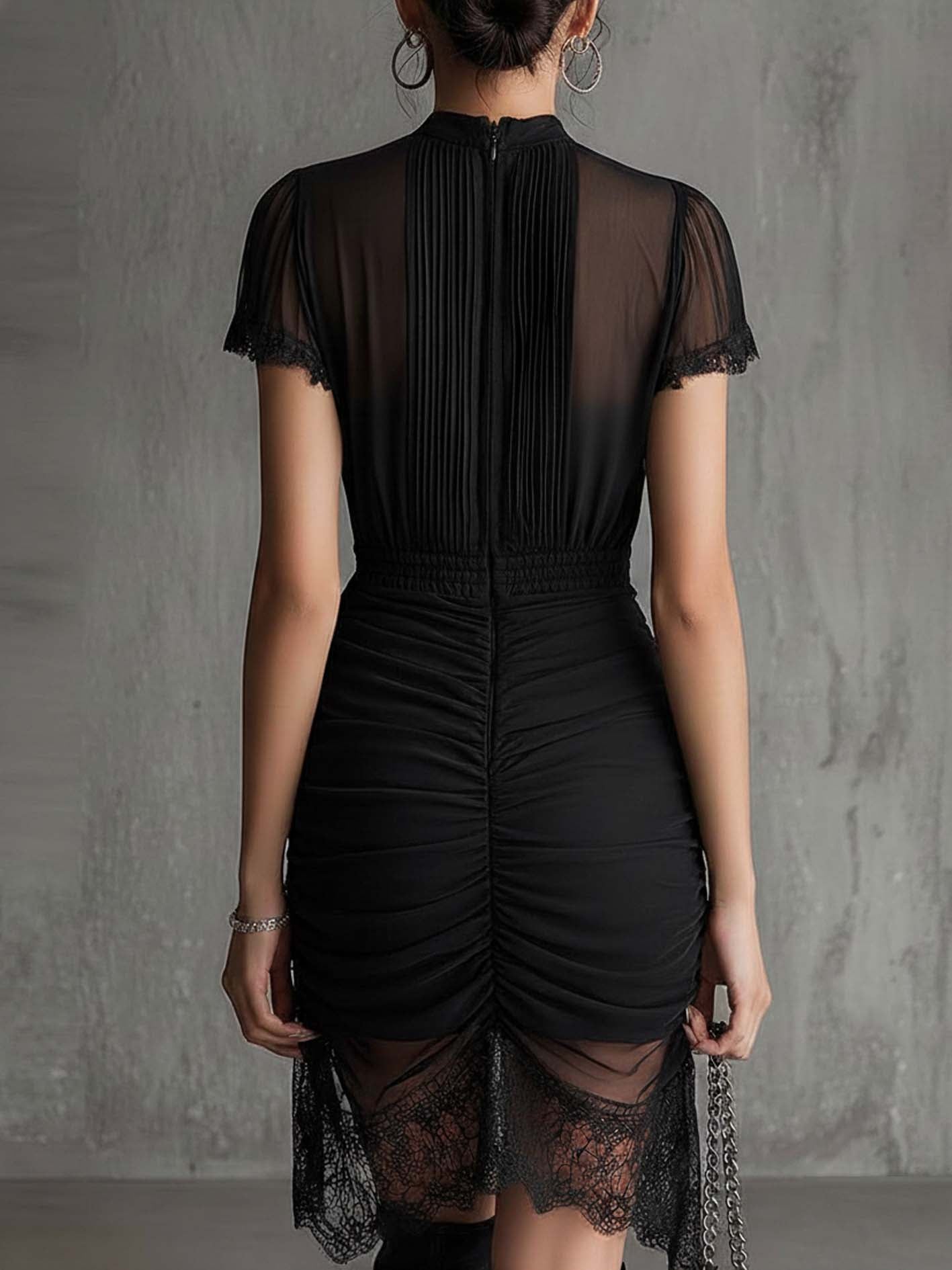 Black Chiffon Pleated Mini Dress With Lace Hem And Ruched Waist Design