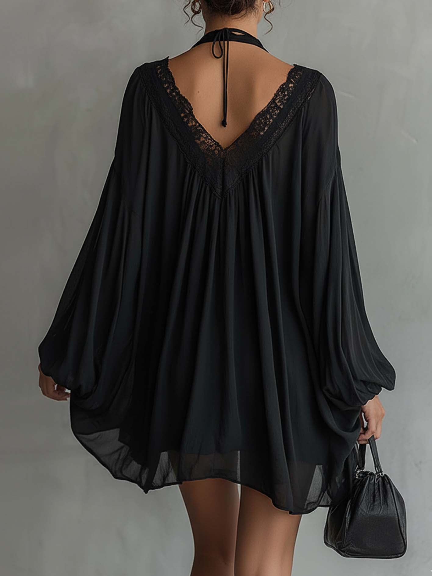 Black Chiffon Halter Mini Dress With Lace Neckline