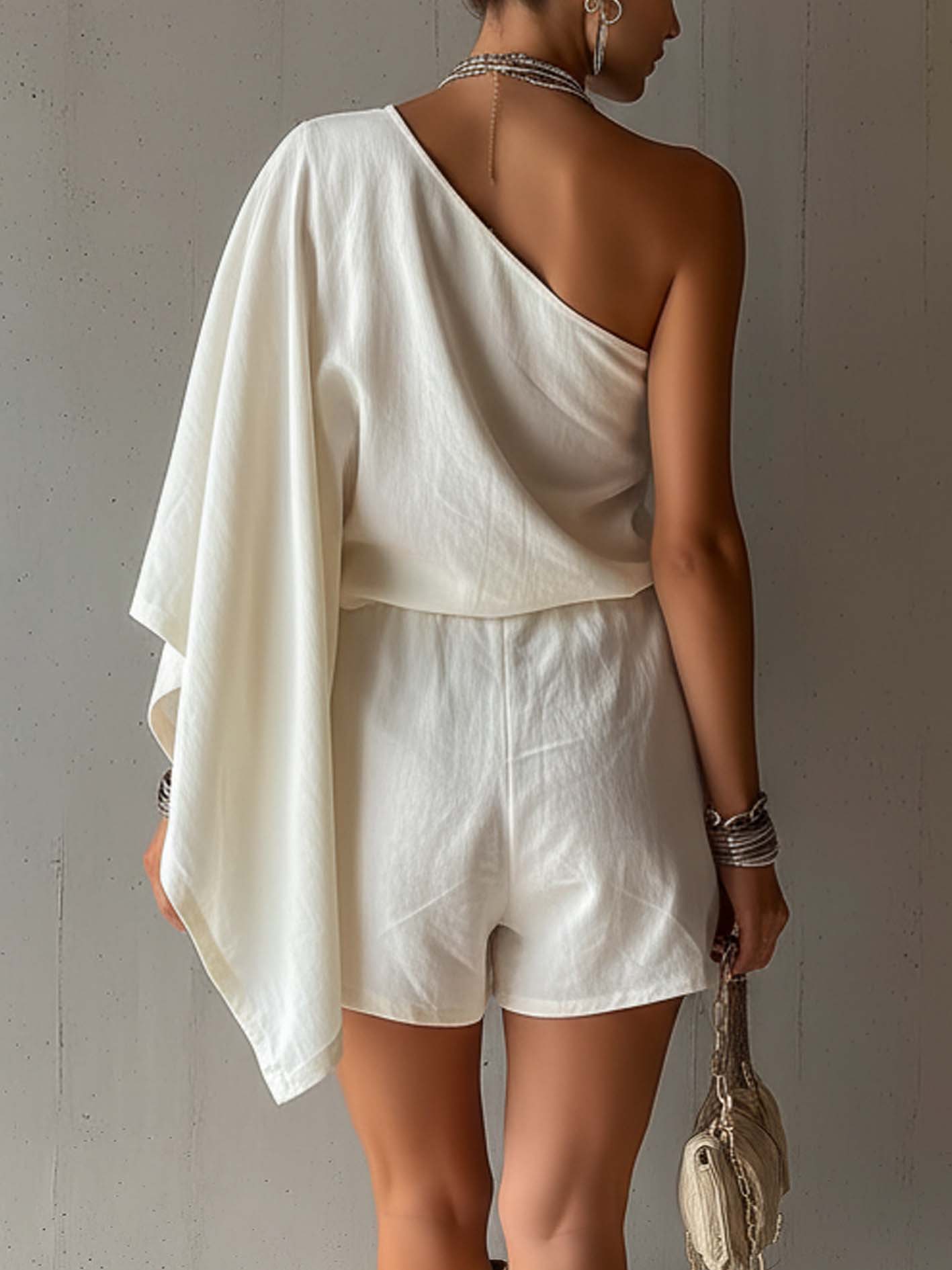 White Embroidered One Shoulder Linen Cotton Mini Romper Dress