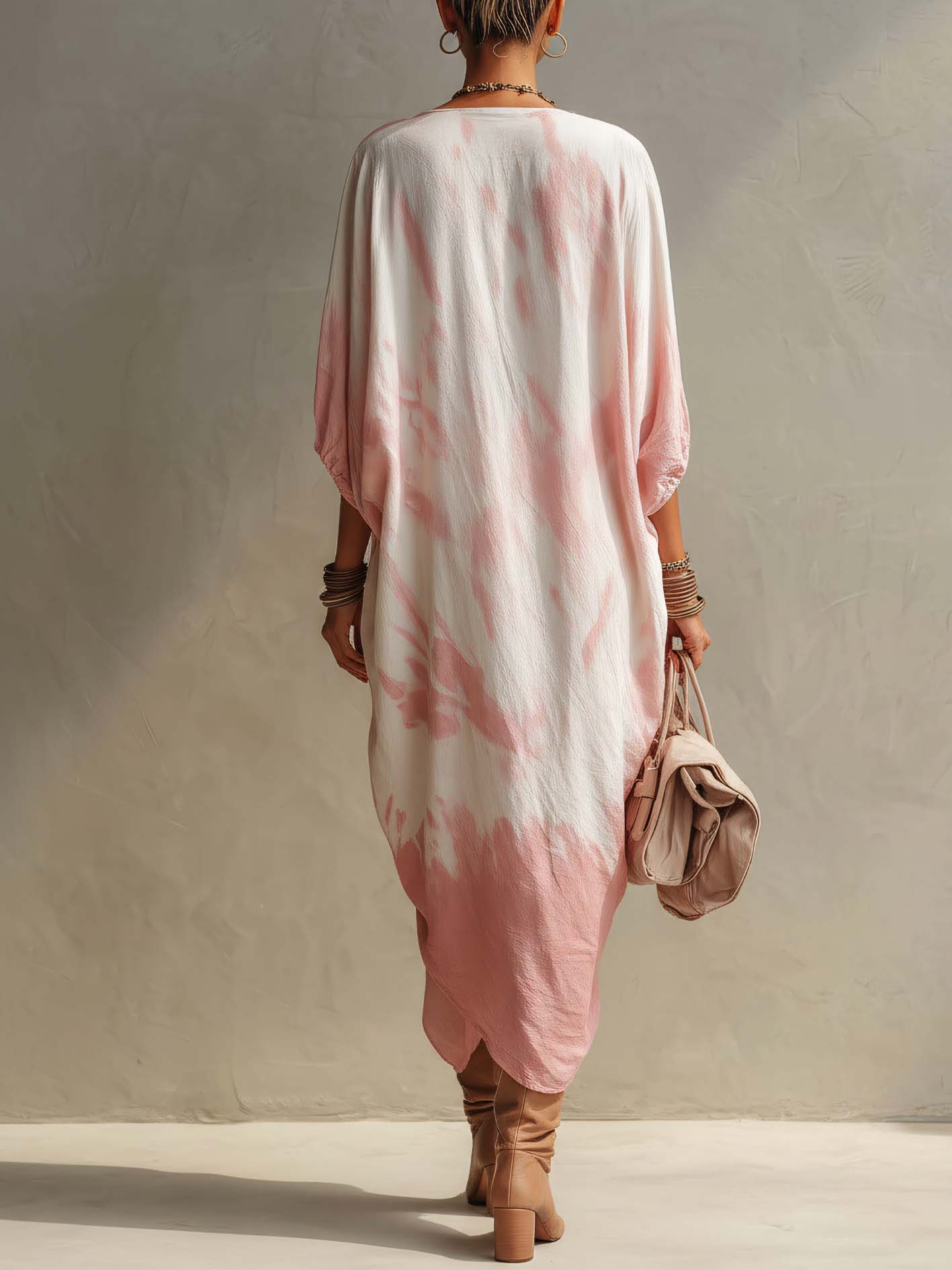 White Cotton-Linen Maxi Dress With Pink Ombre Print