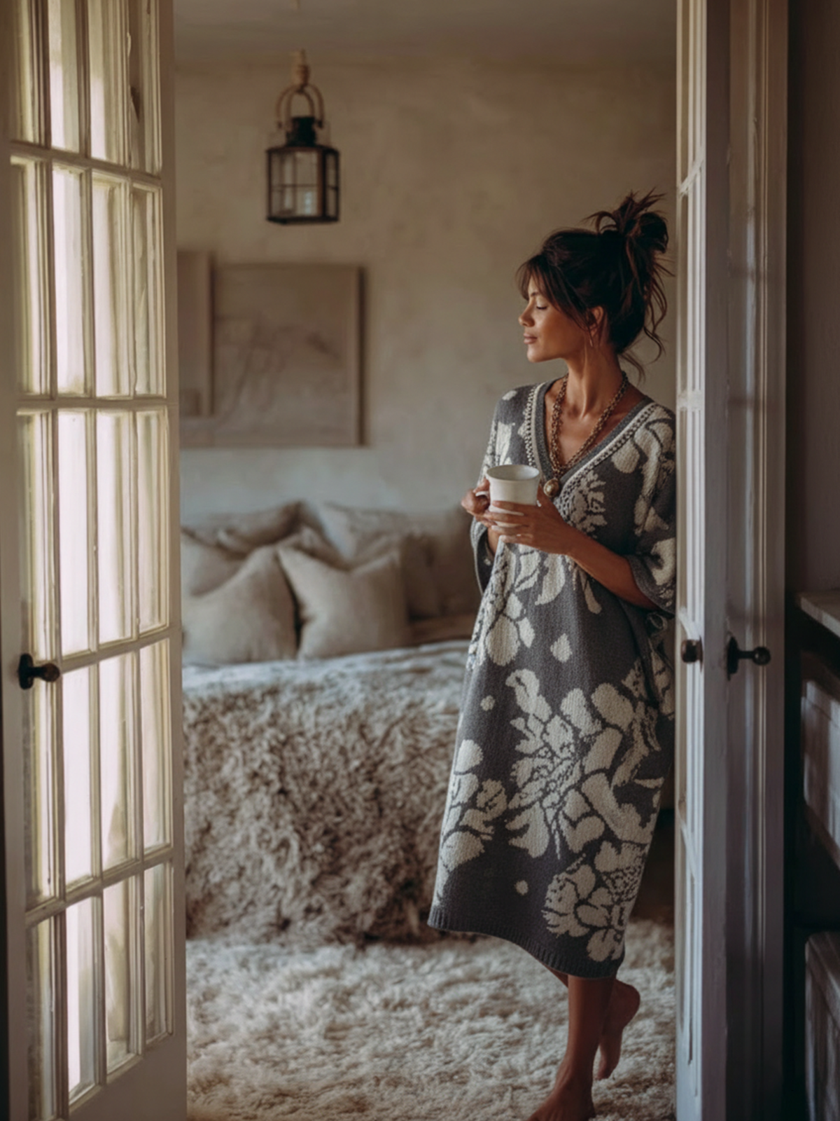 Gray Floral Knit V-Neck Oversized Midi Dress