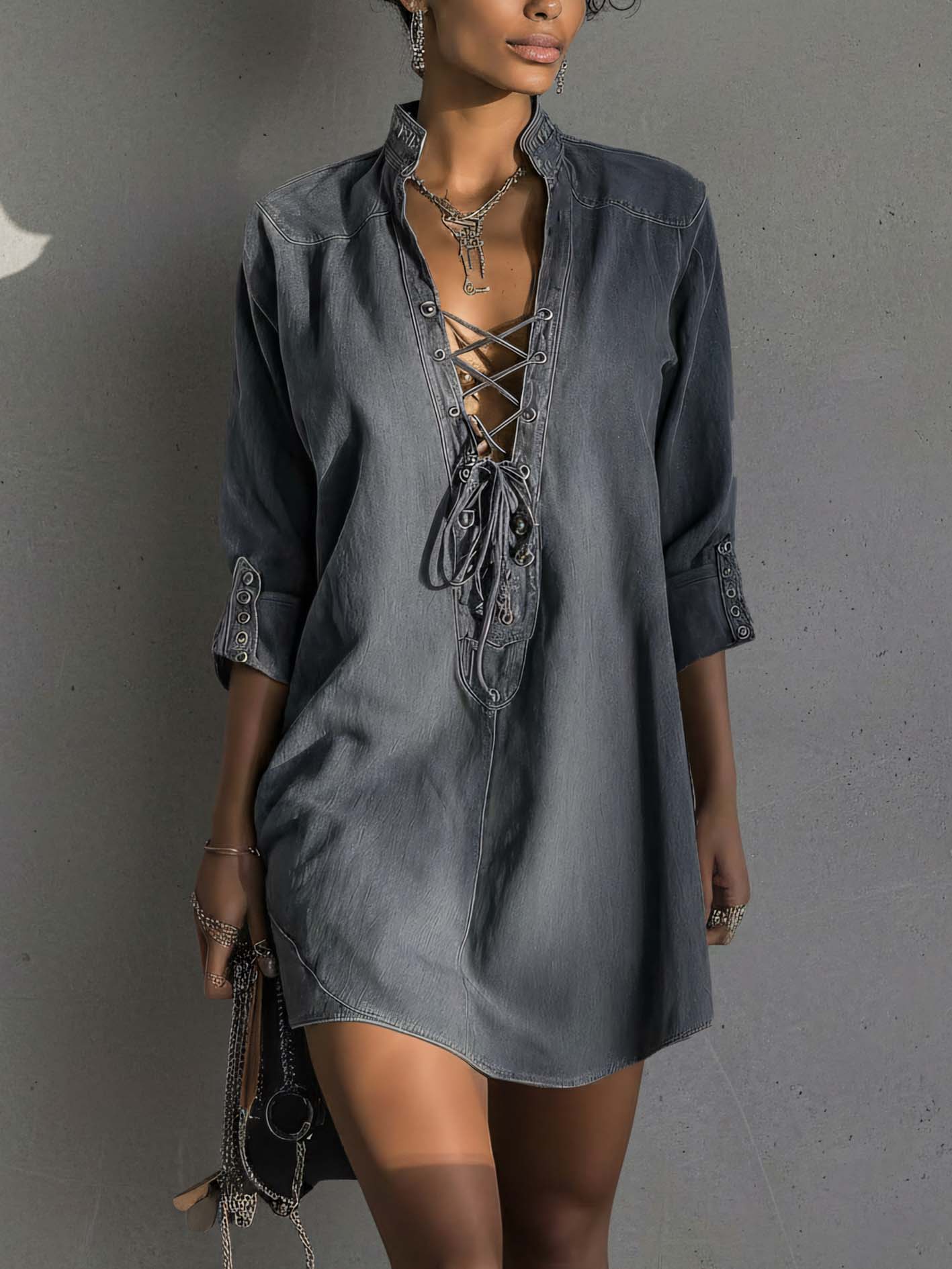Dark Gray Lace-Up Denim Mini Dress