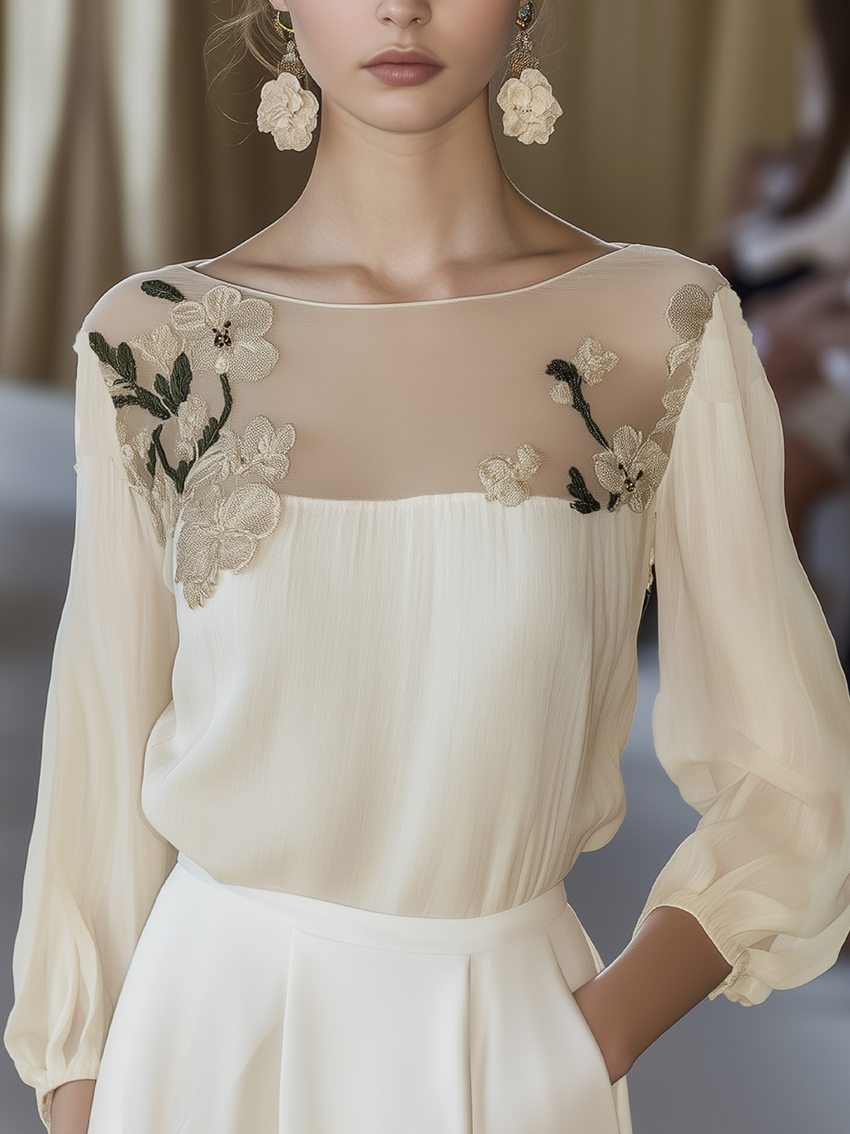 Beige Stitching Shirt With Elegant Floral Embroidery