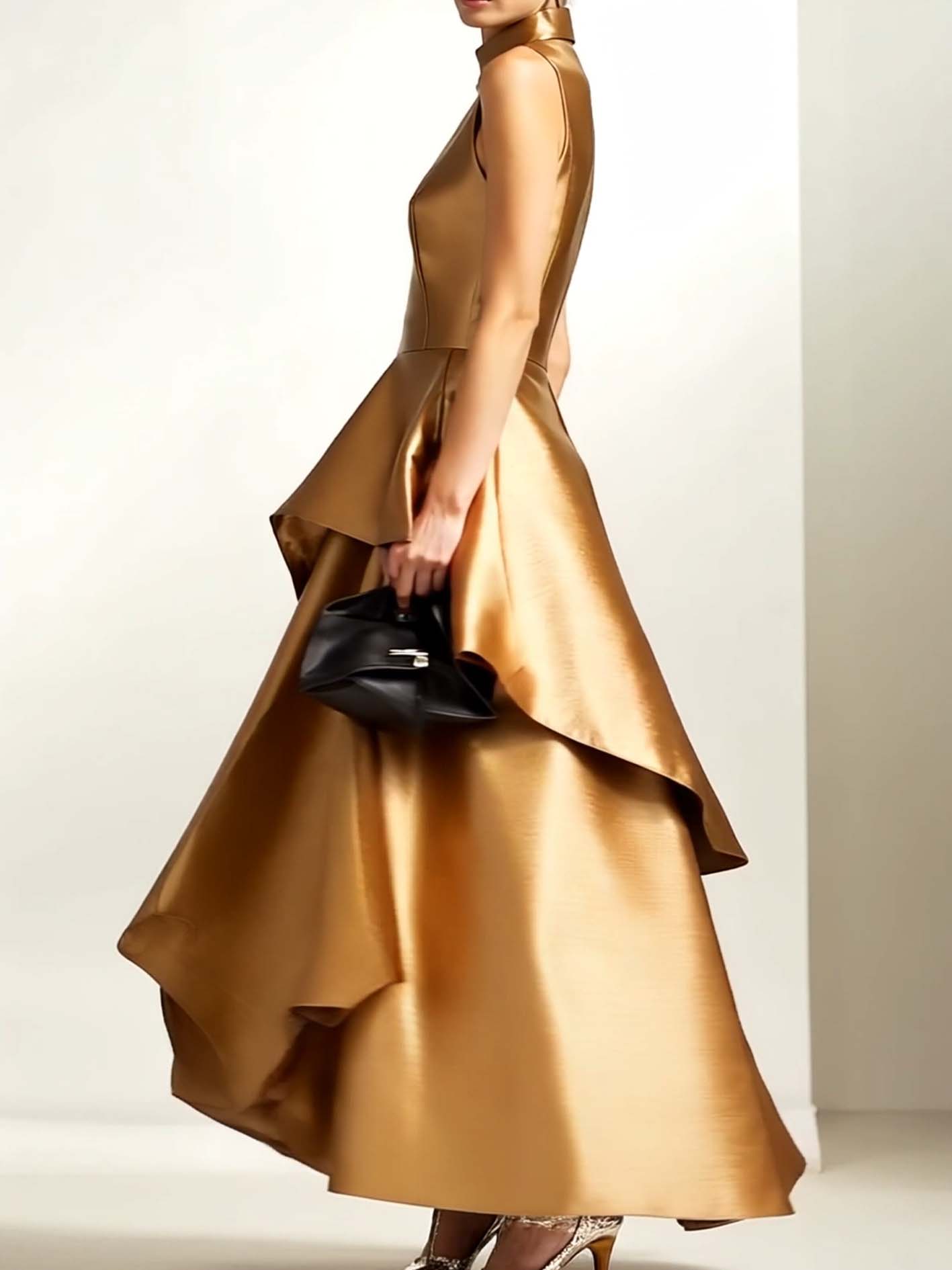 Gold Satin Maxi Dress With Ruffles