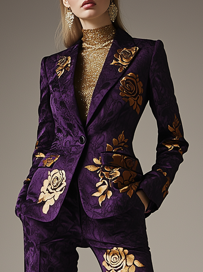 Purple Blazer With Golden Rose Print