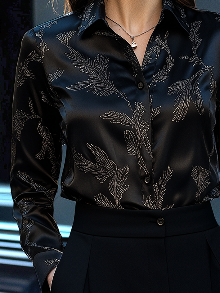 Black Gold Floral-Print Satin Blouse