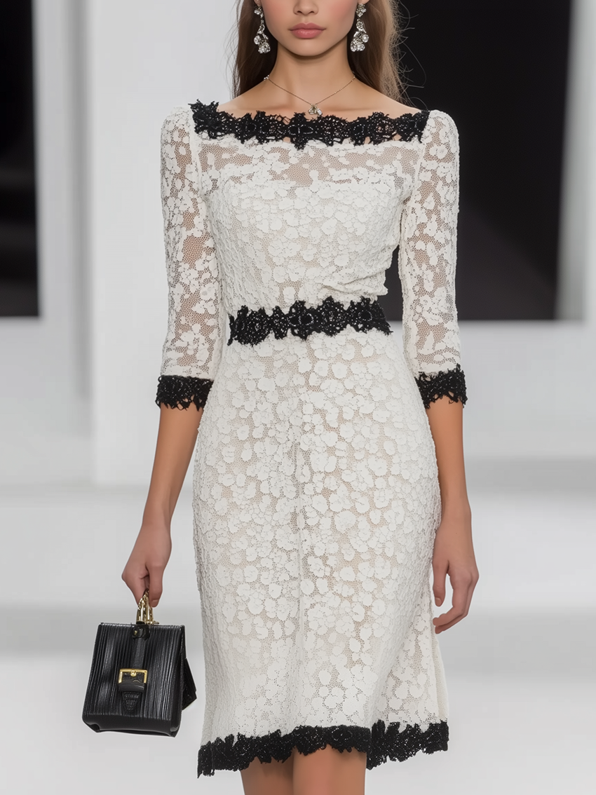 White Lace Midi Dress With Black Lace Trim