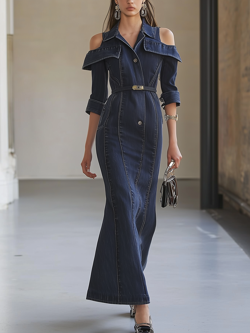 Stylish Denim Maxi Dress With Belt