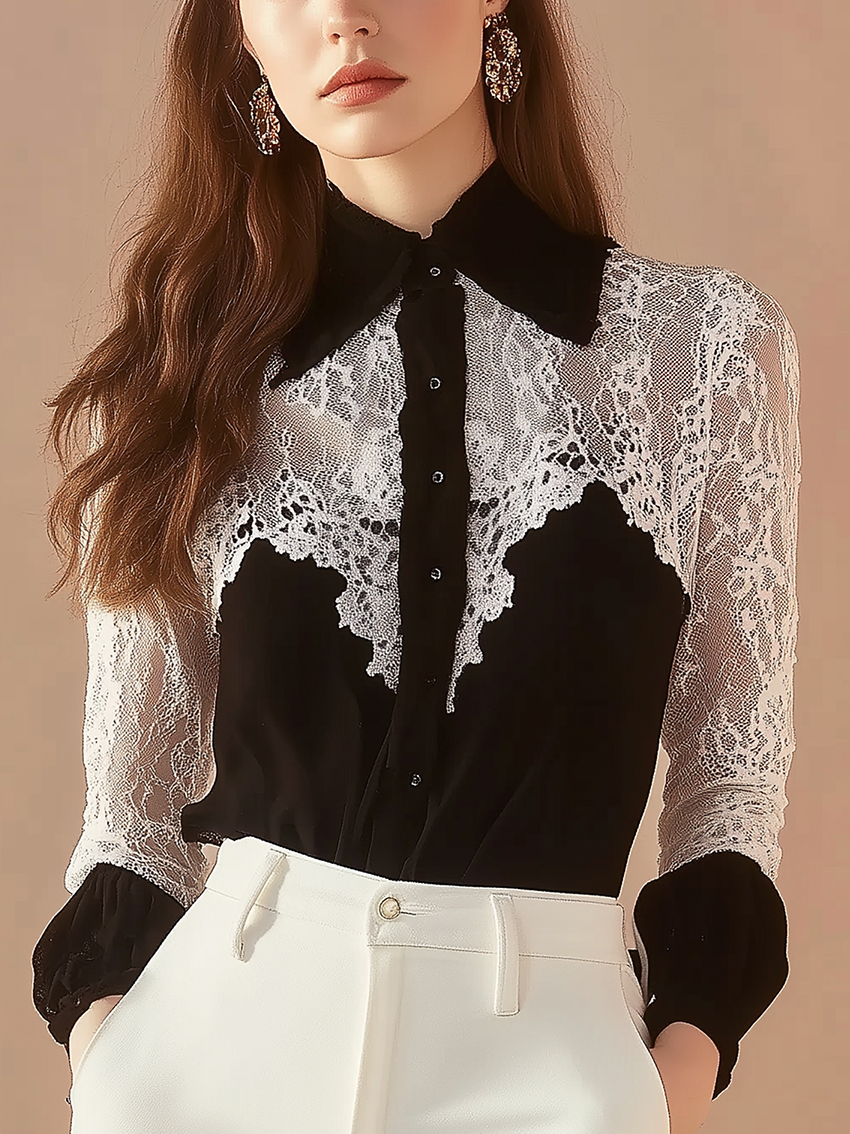 Black Chiffon Blouse With Neckline And Sleeves Stitching White Lace