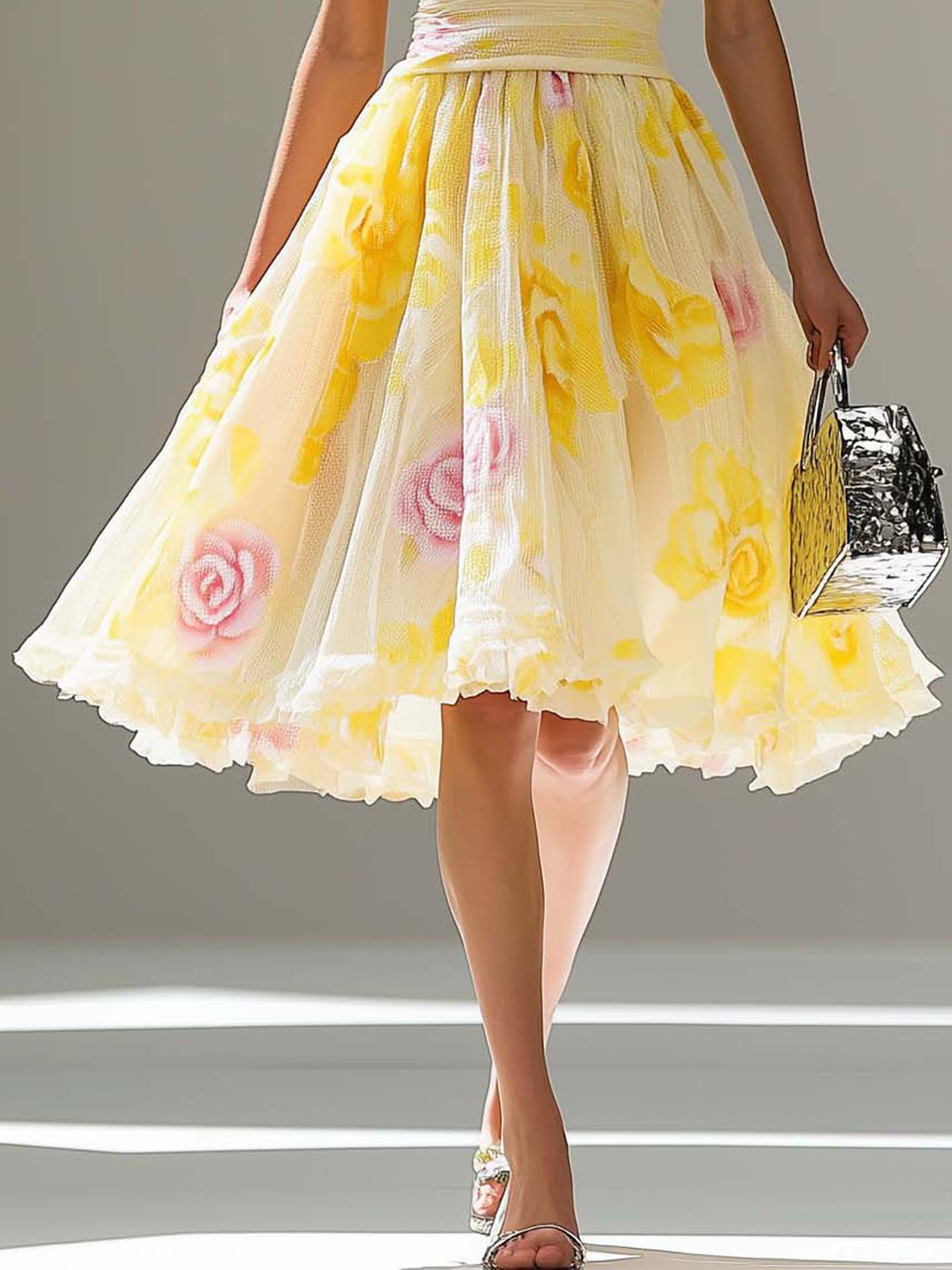 Light Yellow Tencel Midi Dress With Flower Print